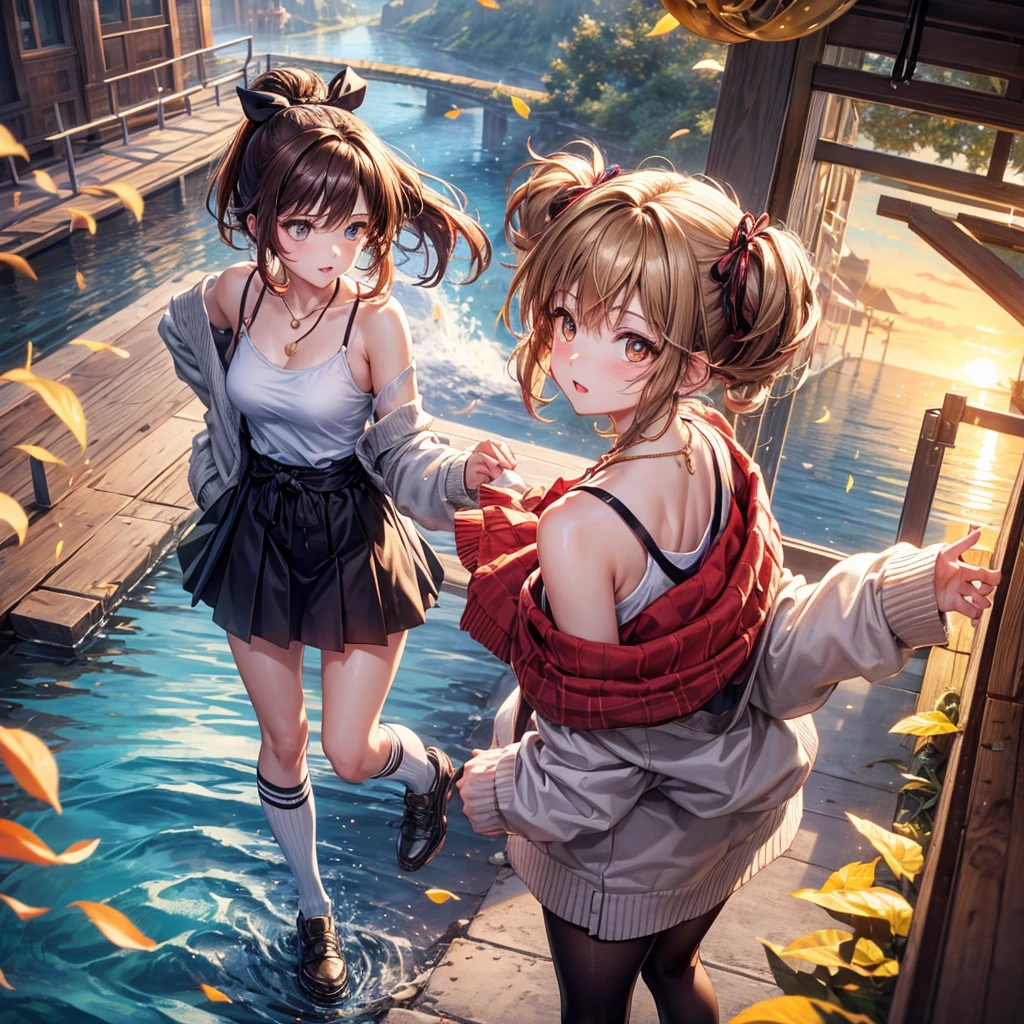 Red, brown, gold, gold hair、Golden Eyes、Hair tied up、One good looking girl、solo、anime、Checkered mini skirt、Ruffles on the skirt、camisole、camisole、Lightweight cardigan、Black knee-high socks、Wearing a baseball cap、Ribbon、Ribbon on waist、Teeth are visible、Sunset sky、Cumulonimbus、Silver coin necklace、shine、From above、Sparks are flying、tunnel、Cobblestones、Hands in pockets、waterfall、Clear Stream