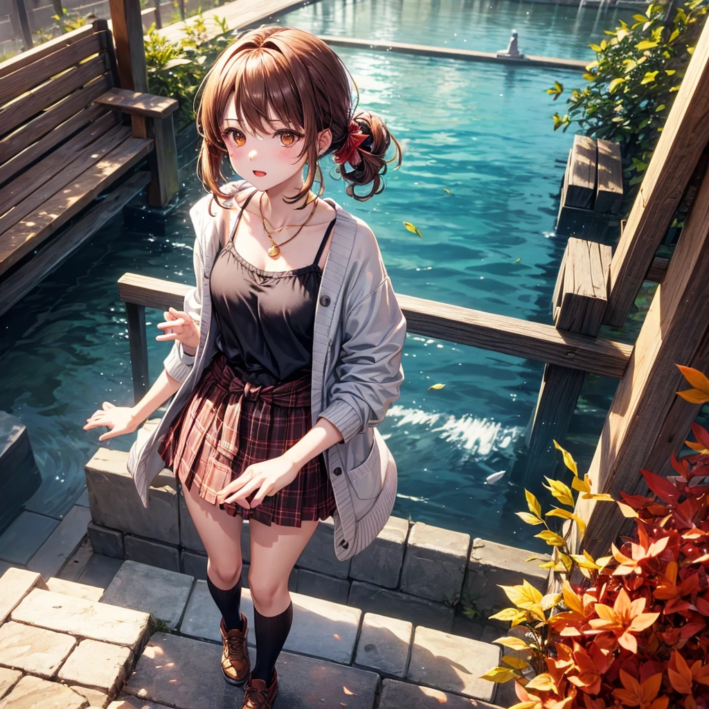Red, brown, gold, gold hair、Golden Eyes、Hair tied up、One good looking girl、solo、anime、Checkered mini skirt、Ruffles on the skirt、camisole、camisole、Lightweight cardigan、Black knee-high socks、Wearing a baseball cap、Ribbon、Ribbon on waist、Teeth are visible、Sunset sky、Cumulonimbus、Silver coin necklace、shine、From above、Sparks are flying、tunnel、Cobblestones、Hands in pockets、waterfall、Clear Stream