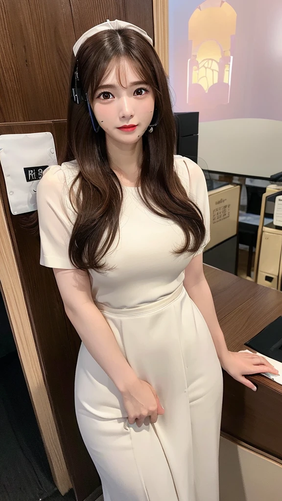 (((32k))), RAW Photos , (Highest quality, detailed:1.2), (非常に繊細でdetailed), Ultra-high resolution, (((((Age 25, Sexy Gal, Taiwanese woman))))), (((Big Breasts))), (((Tight waist))), (((Big Hips))), , One person, Elegant, Beautiful woman, Outstanding image quality, 非常にdetailedな顔, Perfect lighting, White skin, ((Long brown hair:1.4)), soft, Cute Smile, Bambi Face, Droopy eyes, Sexy lips, (((Receptionist:1.6))), Formal shirt, from below, Open your mouth a little,
