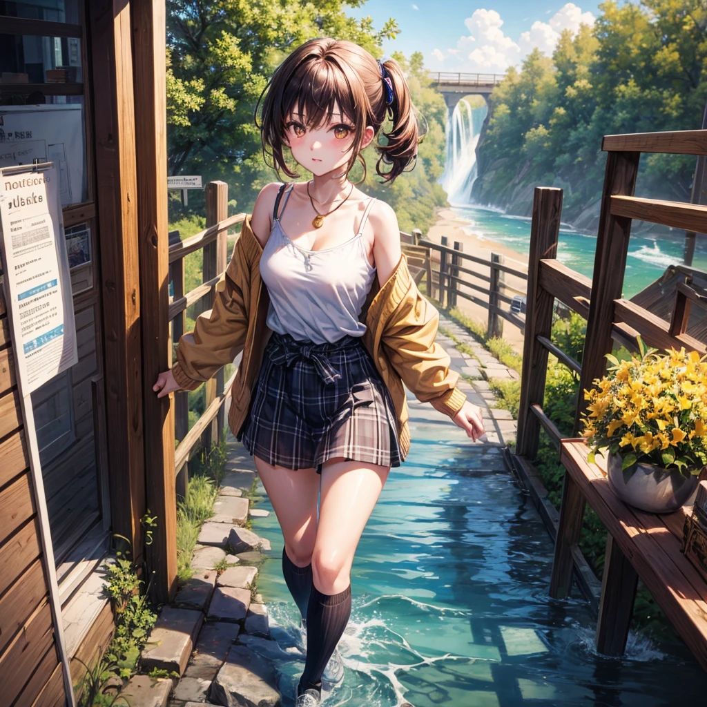 Red, brown, gold, gold hair、Golden Eyes、Hair tied up、One good looking girl、solo、anime、Checkered mini skirt、Ruffles on the skirt、camisole、camisole、Lightweight cardigan、Black knee-high socks、Wearing a baseball cap、Ribbon、Ribbon on waist、Teeth are visible、Sunset sky、Cumulonimbus、Silver coin necklace、shine、From above、Sparks are flying、tunnel、Cobblestones、Hands in pockets、waterfall、Clear Stream