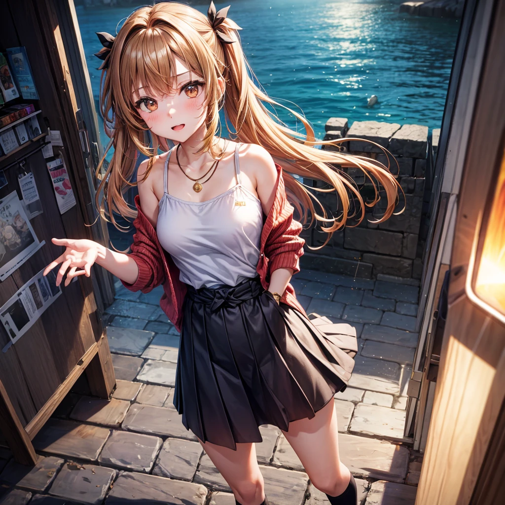 Red, brown, gold, gold hair、Golden Eyes、Hair tied up、One good looking girl、solo、anime、Checkered mini skirt、Ruffles on the skirt、camisole、camisole、Lightweight cardigan、Black knee-high socks、Wearing a baseball cap、Ribbon、Ribbon on waist、Teeth are visible、Sunset sky、Cumulonimbus、Silver coin necklace、shine、From above、Sparks are flying、tunnel、Cobblestones、Hands in pockets、waterfall、Clear Stream