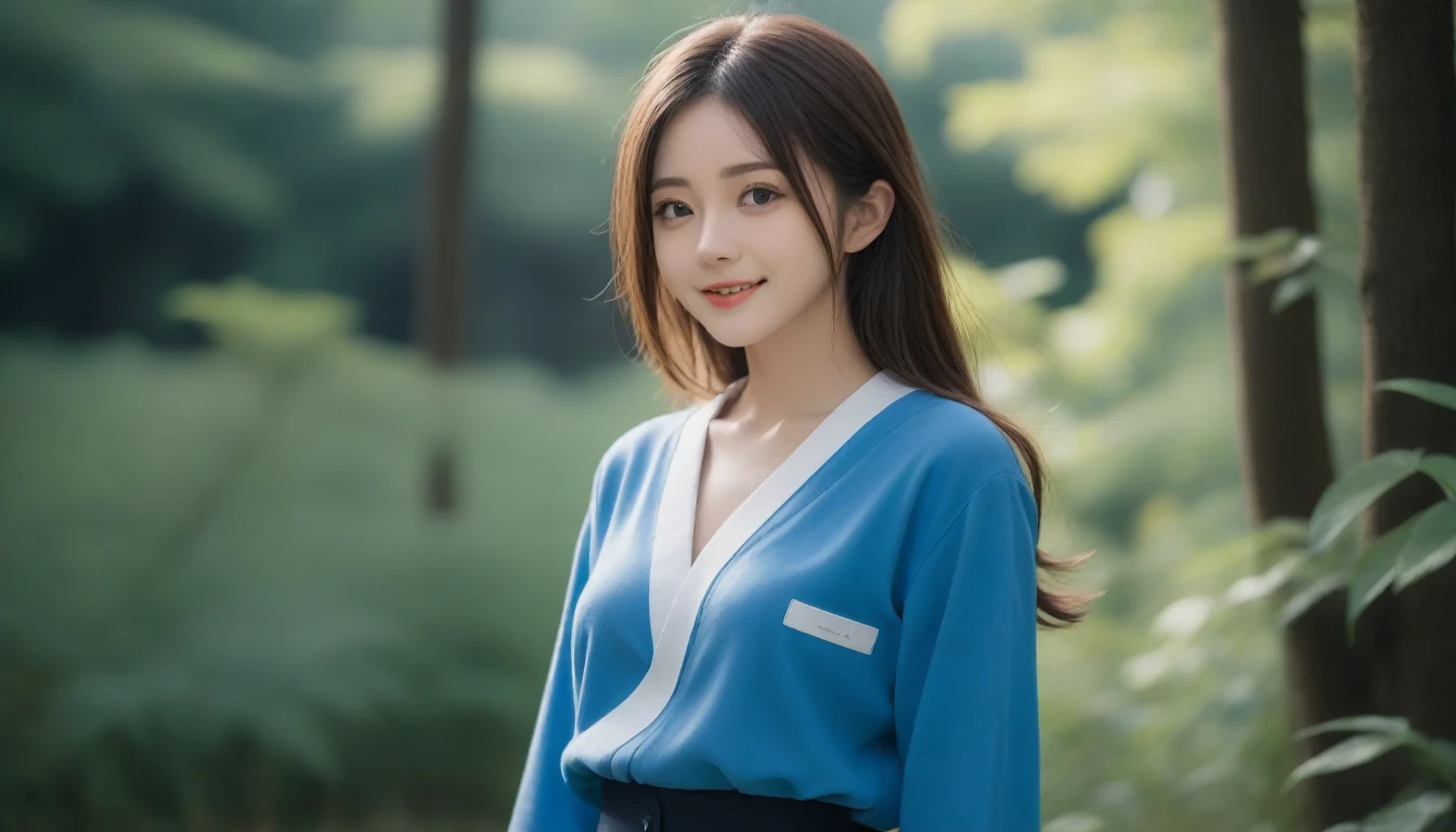 8K, Ultra-high resolution, Highest quality, masterpiece, 三分割法によるphotograph,Surreal, photograph, 1 girl, (:1.3), pretty girl, Cute face, Beautiful eyes in every detail, 細かくdetailedに,masterpiece,, One Girl:1.2, Japan Female Announcer,whole body,Young Wife,Girl with her back to the camera, Blue atmosphere dusk, Field, forest、Full of cleanliness,A carefree smile,Healing the heart,Semi-long layered hair,Looking at the audience、beauty,Long neck、Laugh a little、Please close your mouth and laugh、(((Ideal body type))),A-cup small breasts :2,、Portraiture:2、Perfect Anatomy、鮮明なdetailed、detailed、Surreal、Light and shadow,Strong light