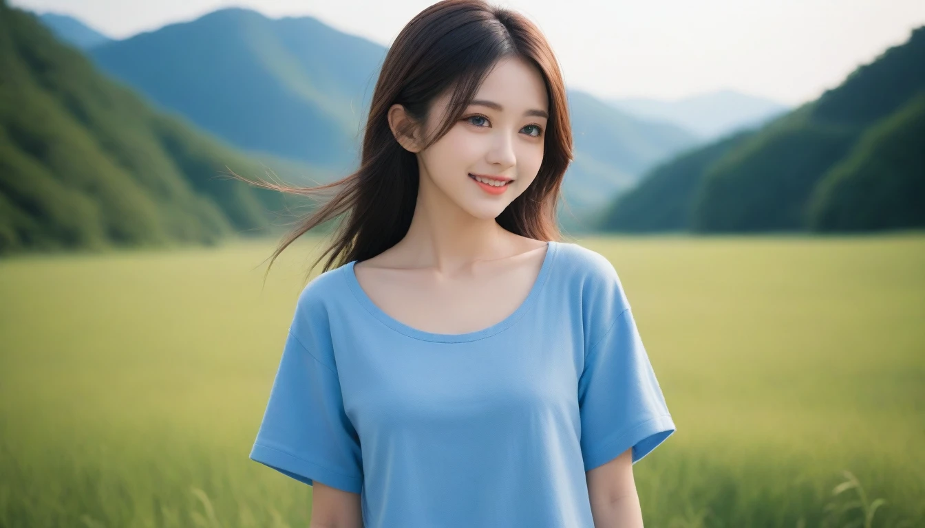 8K, Ultra-high resolution, Highest quality, masterpiece, 三分割法によるphotograph,Surreal, photograph, 1 girl, (16 years old:1.3), pretty girl, Cute face, Beautiful eyes in every detail, 細かくdetailedに,masterpiece,, One Girl:1.2, Japan Female Announcer,whole body,Young Wife,Girl with her back to the camera, Blue atmosphere dusk, Field, forest、Full of cleanliness,A carefree smile,Healing the heart,Semi-long layered hair,Looking at the audience、beauty,Long neck、Laugh a little、Please close your mouth and laugh、(((Ideal body type))),A-cup small breasts :2,、Portraiture:2、Perfect 、鮮明なdetailed、detailed、Surreal、Light and shadow,Strong light