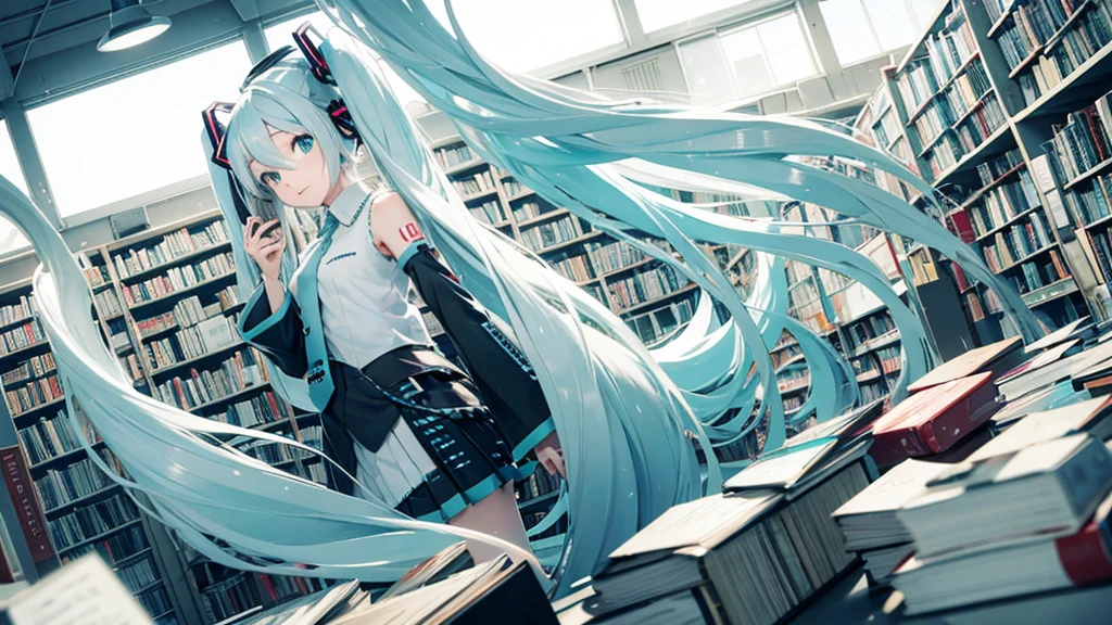 White haired Hatsune Miku、A library with an otherworldly atmosphere where books seem to float in the air