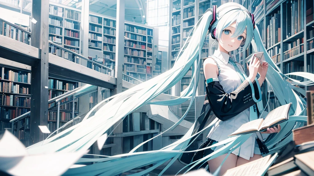 White haired Hatsune Miku、A library with an otherworldly atmosphere where books seem to float in the air