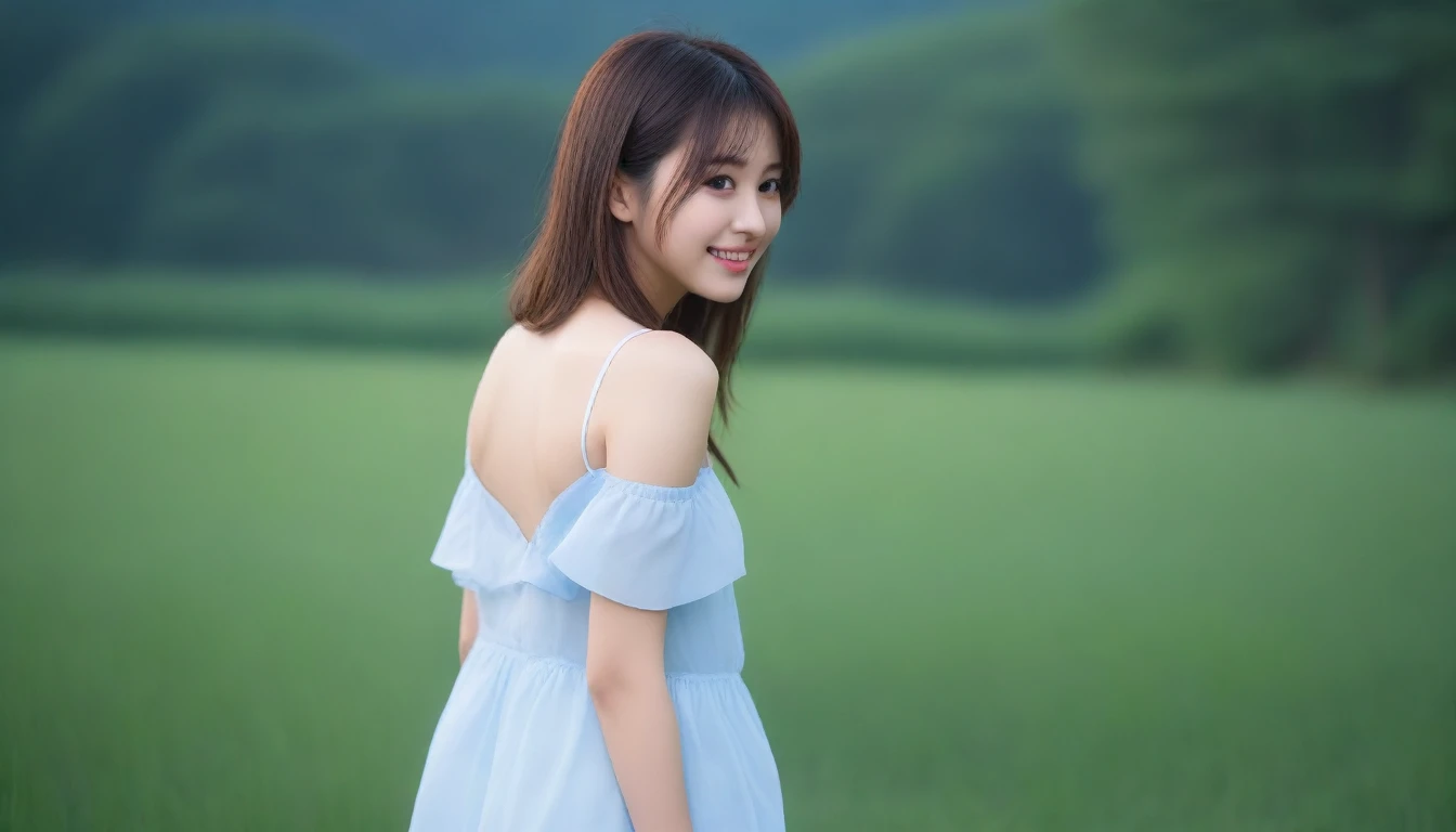 8K, Ultra-high resolution, Highest quality, masterpiece, 三分割法によるphotograph,Surreal, photograph, 1 girl, (:1.3), pretty girl, Cute face, Beautiful eyes in every detail, 細かくdetailedに,masterpiece,, One Girl:1.2, Japan Female Announcer,whole body,Young Wife,Girl with her back to the camera, Blue atmosphere dusk, Field, forest、Full of cleanliness,A carefree smile,Healing the heart,Semi-long layered hair,Looking at the audience、beauty,Long neck、Laugh a little、Please close your mouth and laugh、(((Ideal body type))),A-cup small breasts :2,、Portraiture:2、Perfect Anatomy、鮮明なdetailed、detailed、Surreal、Light and shadow,Strong light