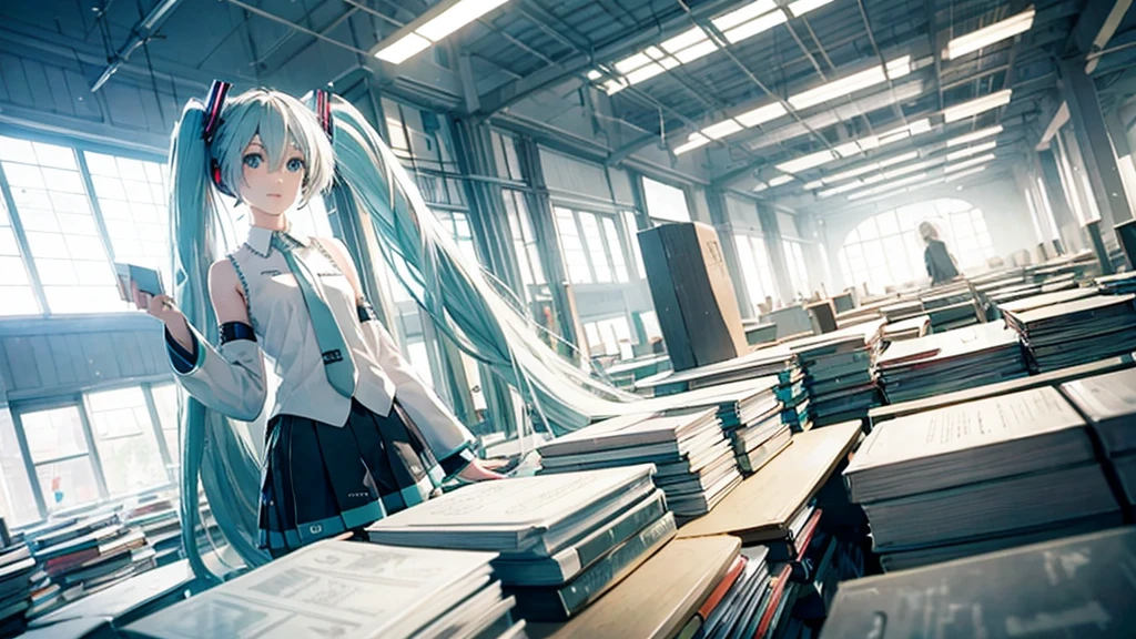 White haired Hatsune Miku、A library with an otherworldly atmosphere where books seem to float in the air
