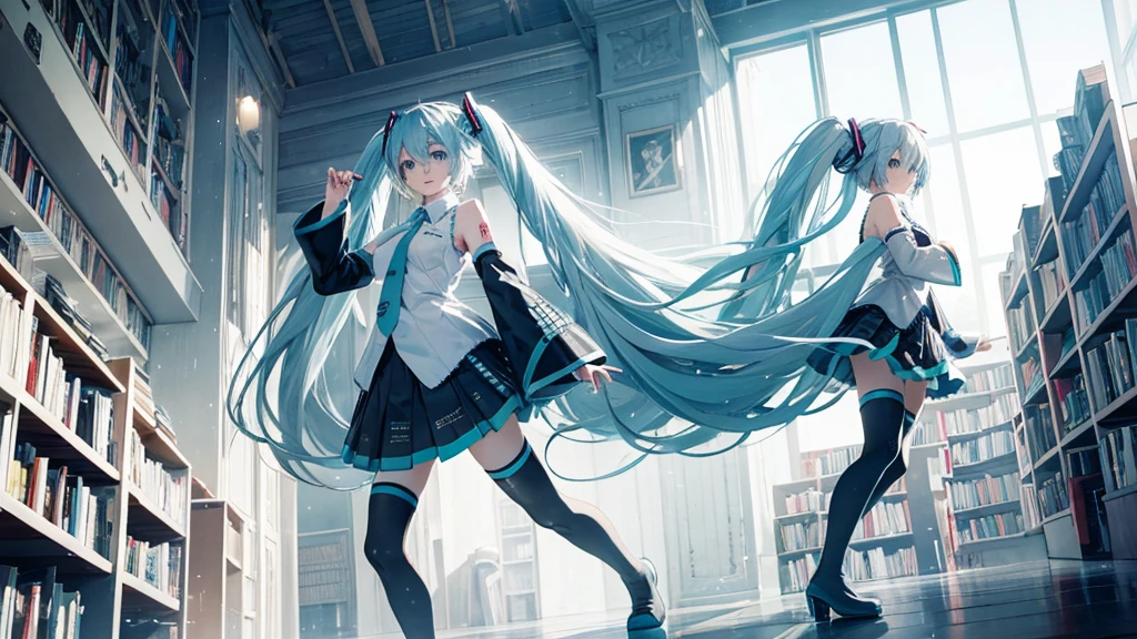 White haired Hatsune Miku、A library with an otherworldly atmosphere where books seem to float in the air