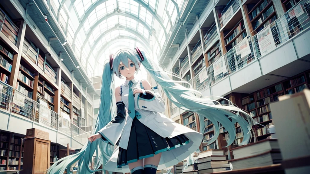 White haired Hatsune Miku、A library with an otherworldly atmosphere where books seem to float in the air