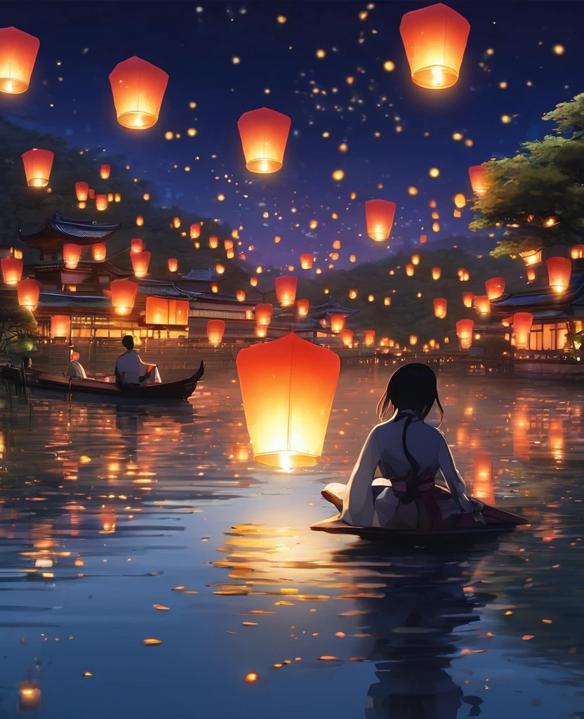 1.Place the river lanterns by the river，(((Kongming Lantern Wishing Lantern)))Many sky lanterns are lit on the water, floating lights, Lights and reflections, Glowing lights! Intermediate Metaverse Elements，number, glowing reflections, think. author：Shinkai Makoto, Water Lanterns, A quiet night. Digital Illustration, Beautiful Ambience, Night sky lights, Peaceful evening atmosphere, 美丽的number艺术作品, Low Detail. number, Beautiful Ambience，People silhouette，