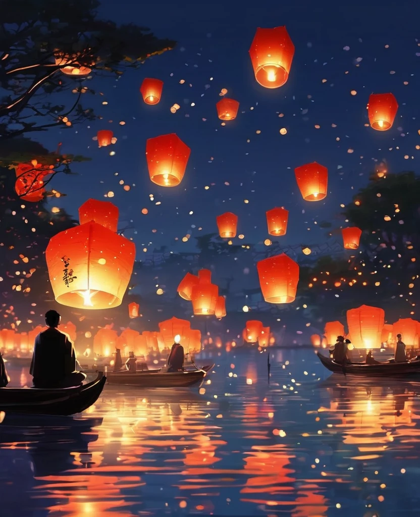 1.Place the river lanterns by the river，(((Kongming Lantern Wishing Lantern)))Many sky lanterns are lit on the water, floating lights, Lights and reflections, Glowing lights! Intermediate Metaverse Elements，number, glowing reflections, think. author：Shinkai Makoto, Water Lanterns, A quiet night. Digital Illustration, Beautiful Ambience, Night sky lights, Peaceful evening atmosphere, 美丽的number艺术作品, Low Detail. number, Beautiful Ambience，People silhouette，