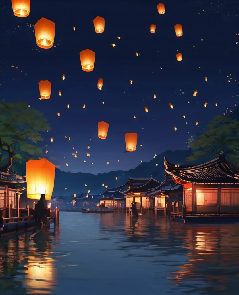 1.Place the river lanterns by the river,(((Kongming Lantern Wishing Lantern)))Many sky lanterns are lit on the water, floating lights, Lights and reflections, Glowing lights! Intermediate Metaverse Elements,number, glowing reflections, think. author:Shinkai Makoto, Water Lanterns, A quiet night. Digital Illustration, Beautiful Ambience, Night sky lights, Peaceful evening atmosphere, 美丽的number艺术作品, Low Detail. number, Beautiful Ambience,People silhouette,