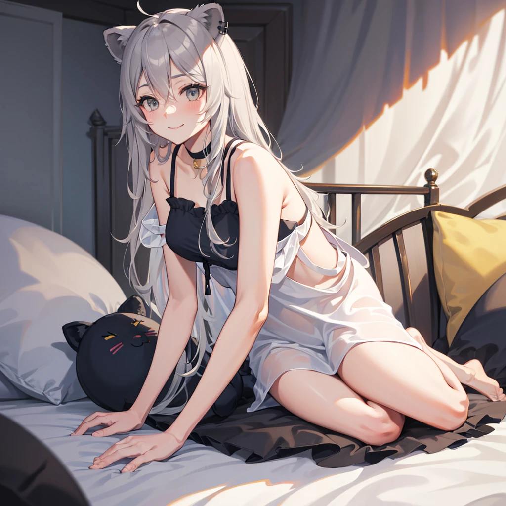 absurdres, highres, best quality,  Botan, night dress, bare shoulder, oionlion ears, messy hair, messy hair, grey eyes, grey hair, long hair, dynamic pose, sexy pose, seductively smile, blush, hands behind, bed, bedroom, lying, lying on bed,