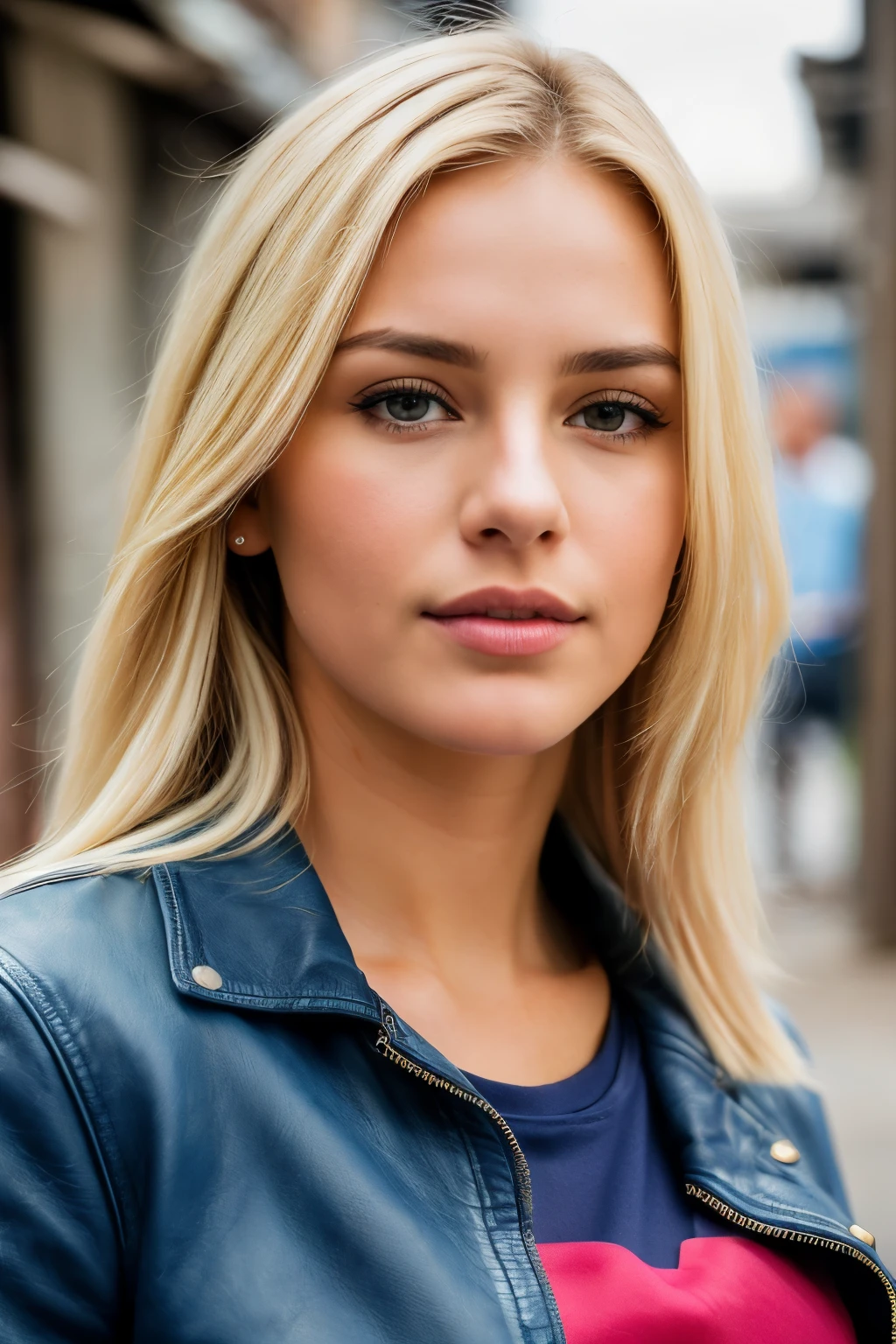 The photo is very sexy (AM190_Bridget:0.99), woman as a sexy student, with medium-length blonde hair, brown eyes, ultra textured leather ((close-up portrait:1.3)), looks at the camera. Model shooting style, (чрезвычайно подробные обои CG Unity 8k), difficult, high detail, sharp focus, (blue t-shirt:1.2), (leather jacket), (jeans), ((Urban slums)), (Looking at the viewer:1.2), (detailed students:1.3),
