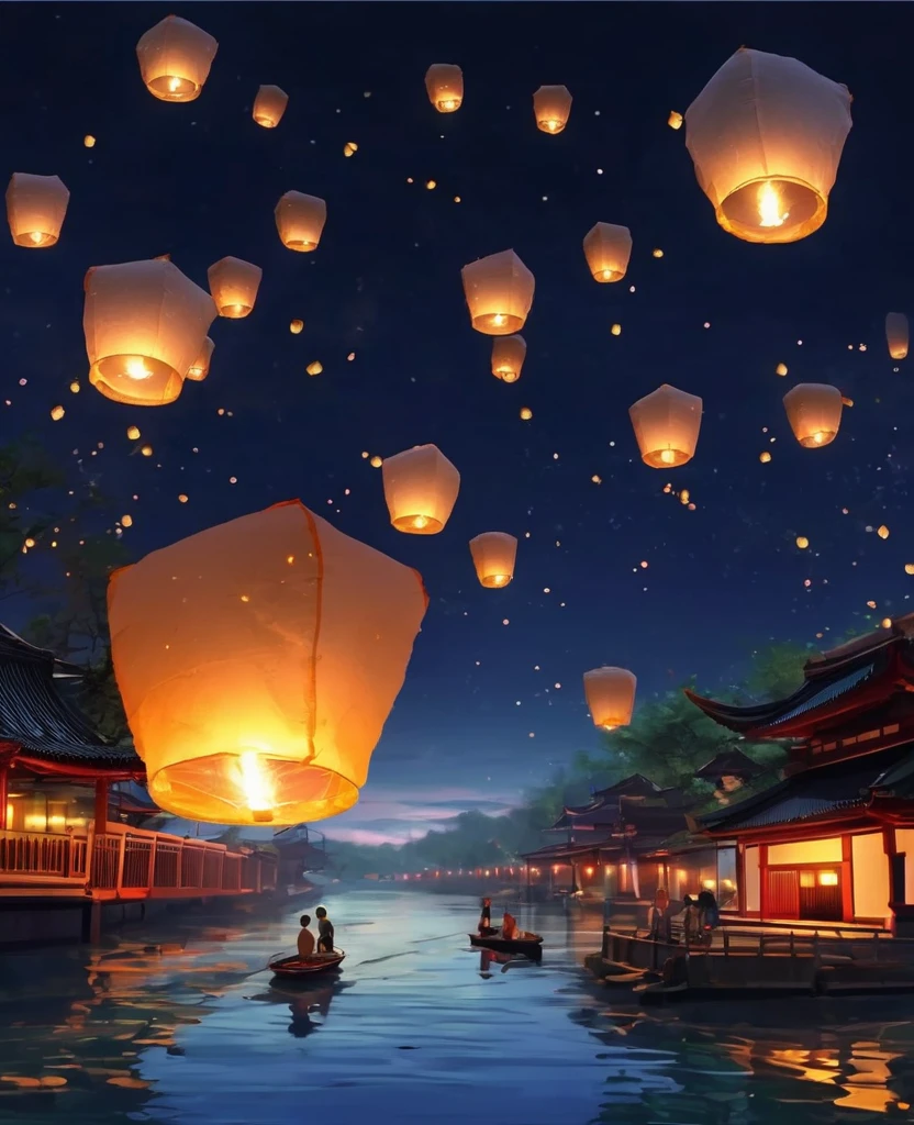 1.Place the river lanterns by the river，(((Kongming Lantern Wishing Lantern)))Many sky lanterns are lit on the water, floating lights, Lights and reflections, Glowing lights! Intermediate Metaverse Elements，number, glowing reflections, think. author：Shinkai Makoto, Water Lanterns, A quiet night. Digital Illustration, Beautiful Ambience, Night sky lights, Peaceful evening atmosphere, 美丽的number艺术作品, Low Detail. number, Beautiful Ambience