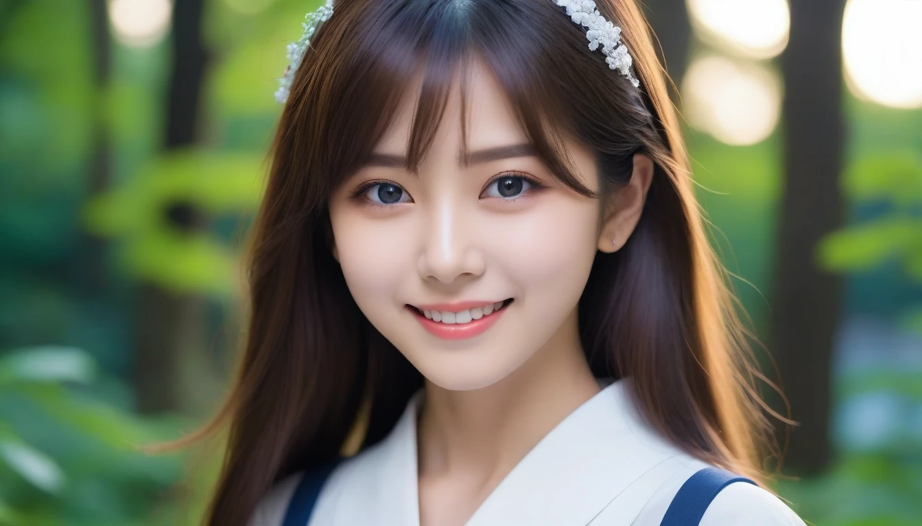 8K, Ultra-high resolution, Highest quality, masterpiece, 三分割法によるphotograph,Surreal, photograph, 1 girl, (16 years old:1.3), pretty girl, Cute face, Beautiful eyes in every detail, 細かくdetailedに,masterpiece,, One Girl:1.2, Japan Female Announcer,whole body,Young Wife,Girl with her back to the camera, Blue atmosphere dusk, Field, forest、Full of cleanliness,A carefree smile,Healing the heart,Semi-long layered hair,Looking at the audience、beauty,Long neck、Laugh a little、Please close your mouth and laugh、(((Ideal body type))),A-cup small :2,、Portraiture:2、Perfect 、鮮明なdetailed、detailed、Surreal、Light and shadow,Strong light