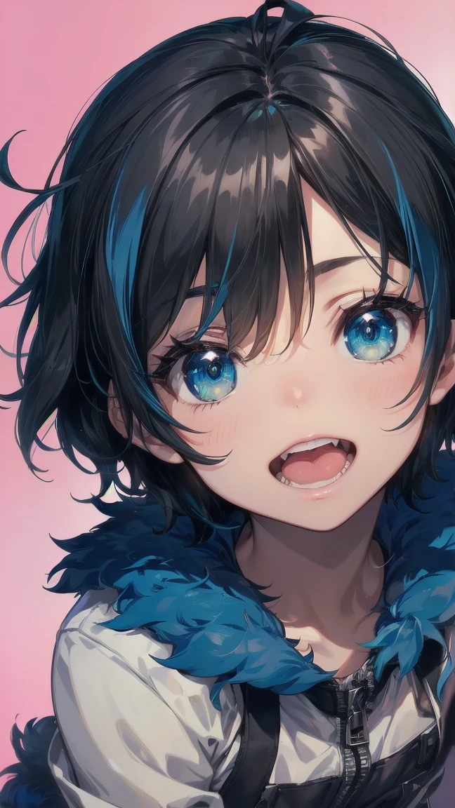 Close-up of a cartoon girl with blue hair and a yellow shirt, 2D Animation, 2D Animation style, 2D Art, 2D Art, 2D from Gorillaz, 2D from Gorillaz, 2D Gorillaz, Screaming Cerket, 2D Sprites, Jinx Face, short hair, Small breasts, hot pants, ((Black Hair, Bright blue fur inside:1.4))