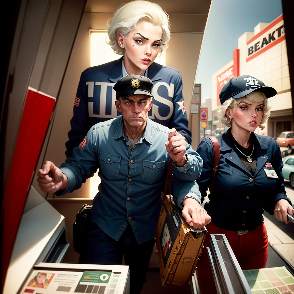 there is a man and woman in the bank , rob a bank , gun , money , colorized background, colourized, colorized photo, by Art Fitzpatrick, colorized, inspired by Austin Briggs, ( art fitzpatrick ), digitally colored, norman rockwell style, inspired by Henry Justice Ford, in style of norman rockwell, inspired by John French Sloan, full color illustration, a colorized photo