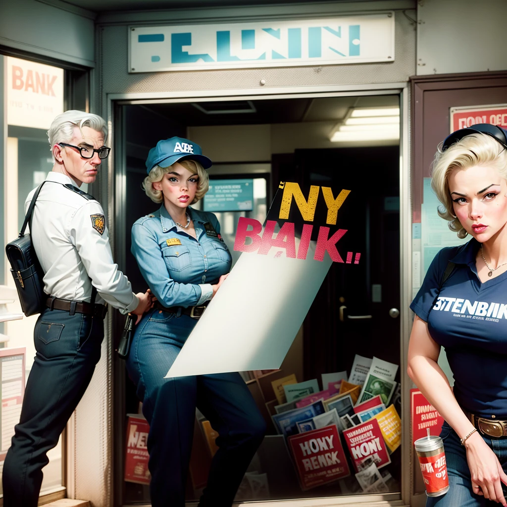 there is a man and woman in the bank , rob a bank , gun , money , colorized background, colourized, colorized photo, by Art Fitzpatrick, colorized, inspired by Austin Briggs, ( art fitzpatrick ), digitally colored, norman rockwell style, inspired by Henry Justice Ford, in style of norman rockwell, inspired by John French Sloan, full color illustration, a colorized photo