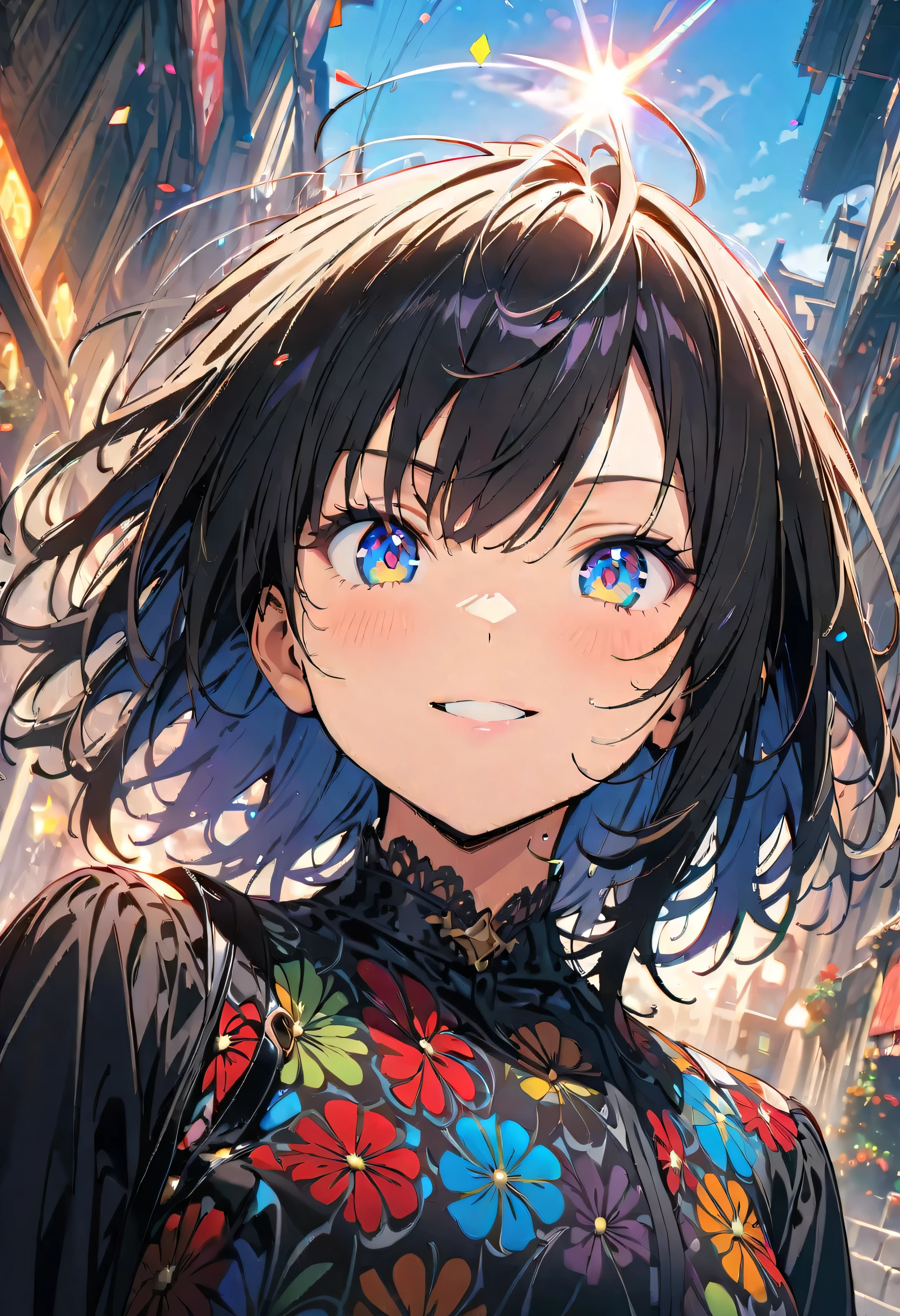 (masterpiece, Highest quality, Official Art:1.2), (colorful), Looking at the audience, One Girl, alone, White Background, floating colorful water, Ultra-fine illustrations, highly detailed, Dynamic Angle, beautiful detailed, 8K, break smiling amidst the colorful scenes, (Highest quality, masterpiece, High resolution, detailed), Anime Style, (Shining Eyes, detailed美しい顔), break,Dynamic Angle