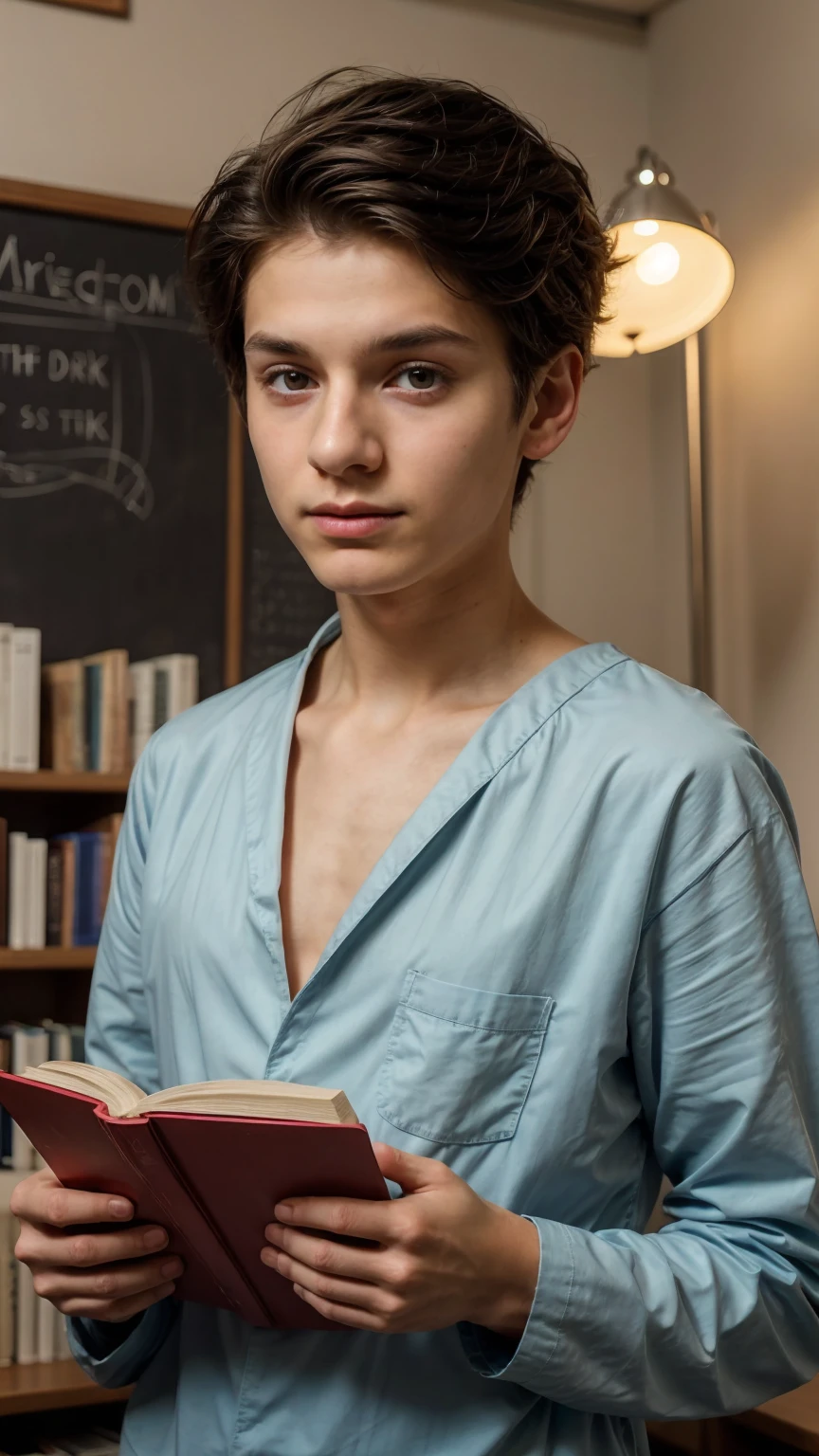 A young male twink, cute, beautiful, soft, with a beautiful face with make-up and blush, and black hair, and his eyes have dark circles under them. He is wearing a long-sleeved aquamarine shirt and white jeans. He is in the Faculty of Medicine, studying on the blackboard with brain anatomy written on it, and on his desk are scientific medical books. And manuscripts of brain anatomy