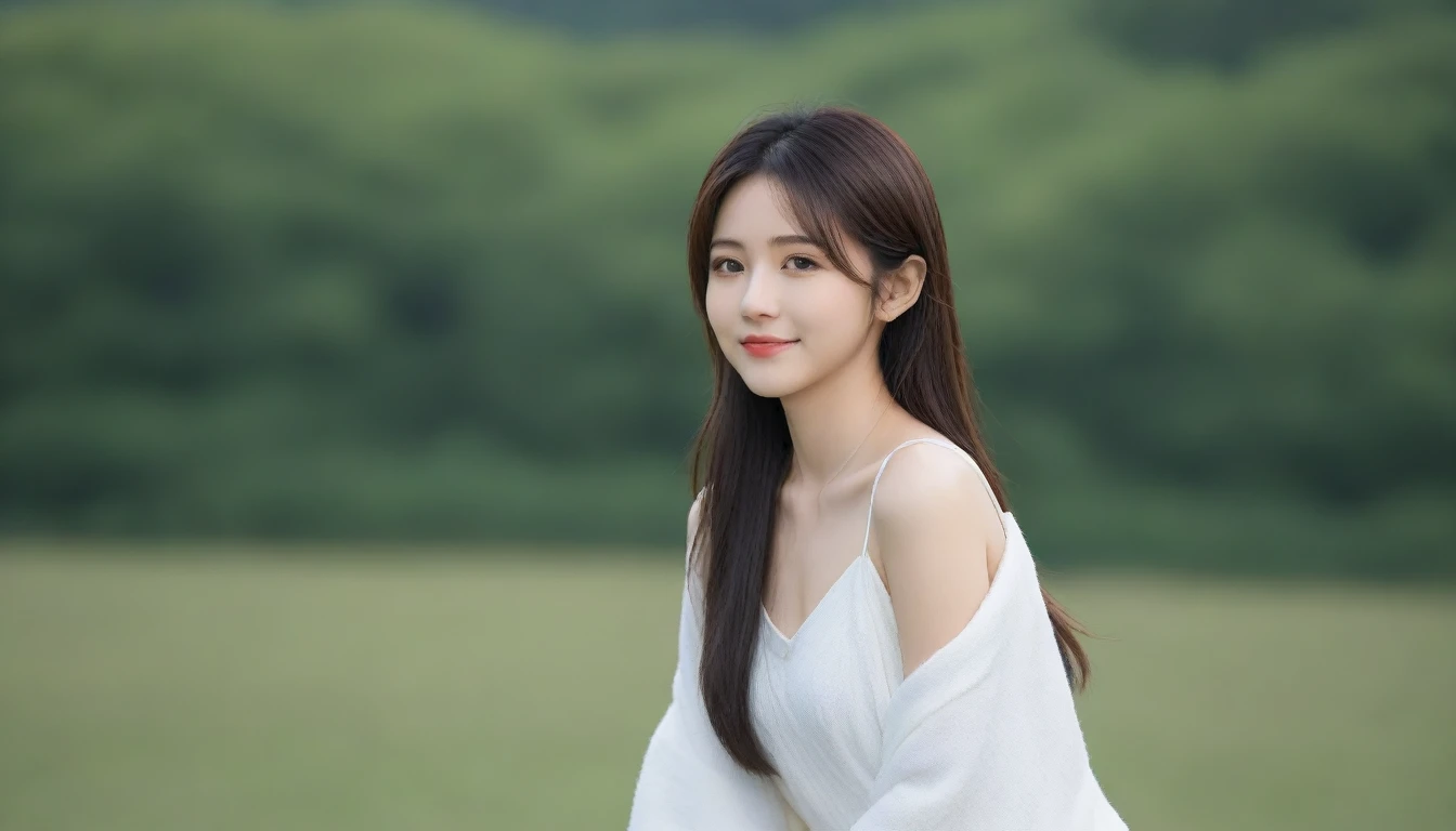 8K, Ultra-high resolution, Highest quality, masterpiece, 三分割法によるphotograph,Surreal, photograph, 1 girl, (16 years old:1.3), pretty girl, Cute face, Beautiful eyes in every detail, 細かくdetailedに,masterpiece,, One Girl:1.2, Japan Female Announcer,whole body,Young Wife,Girl with her back to the camera, Blue atmosphere dusk, Field, forest、Full of cleanliness,A carefree smile,Healing the heart,Semi-long layered hair,Looking at the audience、beauty,Long neck、Laugh a little、Please close your mouth and laugh、(((Ideal body type))),A-cup small :2,、Portraiture:2、Perfect 、鮮明なdetailed、detailed、Surreal、Light and shadow,Strong light