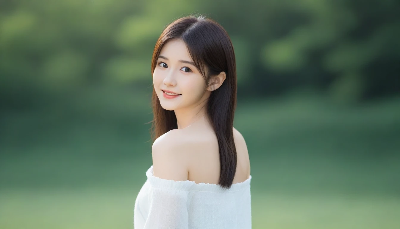8K, Ultra-high resolution, Highest quality, masterpiece, 三分割法によるphotograph,Surreal, photograph, 1 girl, (:1.3), pretty girl, Cute face, Beautiful eyes in every detail, 細かくdetailedに,masterpiece,, One Girl:1.2, Japan Female Announcer,whole body,Young Wife,Girl with her back to the camera, Blue atmosphere dusk, Field, forest、Full of cleanliness,A carefree smile,Healing the heart,Semi-long layered hair,Looking at the audience、beauty,Long neck、Laugh a little、Please close your mouth and laugh、(((Ideal body type))),A-cup small breasts :2,、Portraiture:2、Perfect Anatomy、鮮明なdetailed、detailed、Surreal、Light and shadow,Strong light