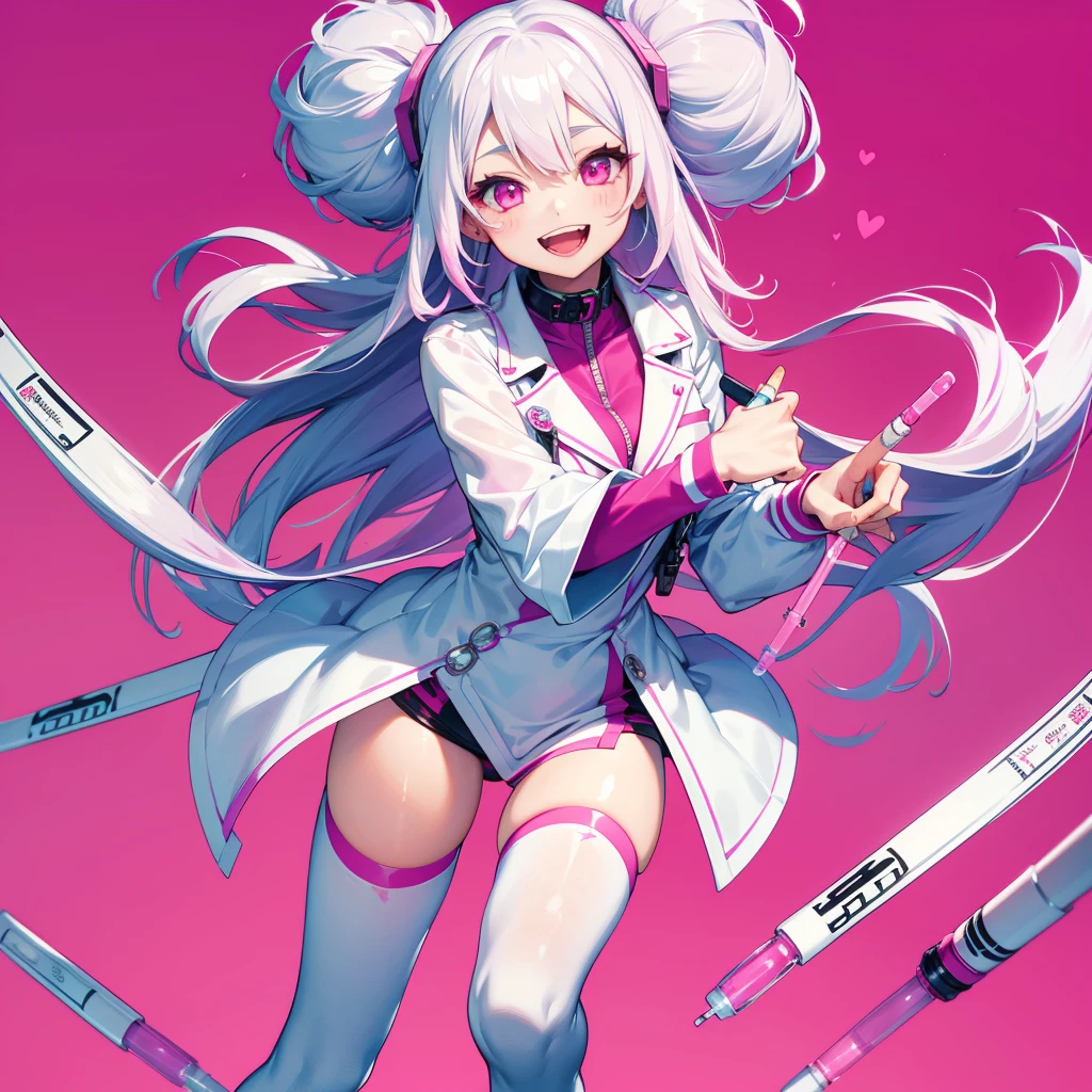 1girl、Dynamic composition、((Perspective Lens, A woman with long milky white hair and pink inner color, Dynamic pose with a cute smiling face, He is holding a syringe bigger than himself towards the viewer.)) ((Pure Magenta Background:1.2)),Looks like she&#39;s in her early 20s,Shooting in mid-motion,With her long braided hair fluttering. (((Her outfit is a nurse&#39;s uniform))),cleavage surgical nurse,  nurse cap, 、Black and deep pink color palette,And she&#39;s casually throwing money around,Be playful.,Super huge、detailed、Draw a big injection in the center of the screen、He is leaning his head out from the injection.、