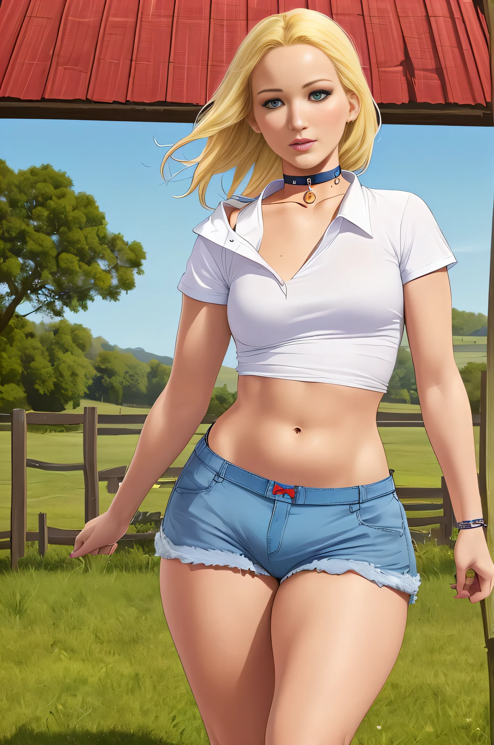 Jennifer Lawrence, (masterpiece quality, (masterpiece quality:1.3), realistic, (realistic:1.3), 1girl, (1girl:1.9), solo, (solo:1.9), on a farm, barn in background, sunny day, blonde hair, (blonde hair:1.5), shoulder-lengeth hair, (shoulder-length hair:1.5), wearing a white shirt, (white shirt:1.5), wearing blue Jean shorts, (blue Jean shorts panties:1.5), wearing choker collar, (choker collar:1.5), midriff, (midriff:1.5), sexy pose, 