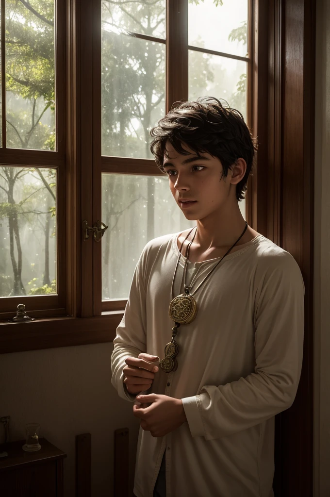 **Safe Return:**
- "A breathless and relieved boy is in his room, holding an ancient medallion in his hand. The soft moonlight comes through the window, lighting up his sweaty face and expression of relief, while the forest can be seen in the distance through the window."