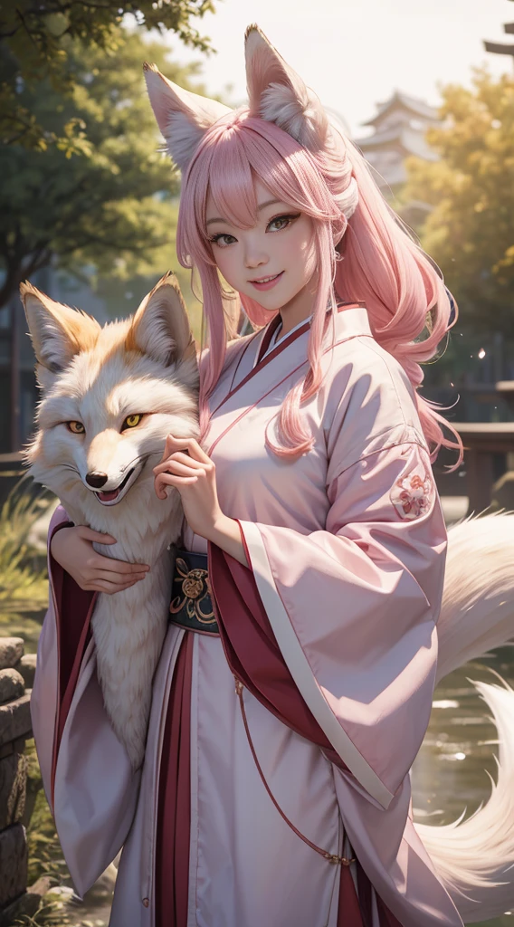 beautiful japanese young woman,Solo, Happy smiling official art, Unity 8k wallpaper, Ultra detailed, Beautiful and aesthetic, Beautiful, Masterpiece, Best quality, Kitsune witch, kitsune mask, Pink and white haori jacket, Foxfire spell, The fox is familiar, Transformation,Depth of field,