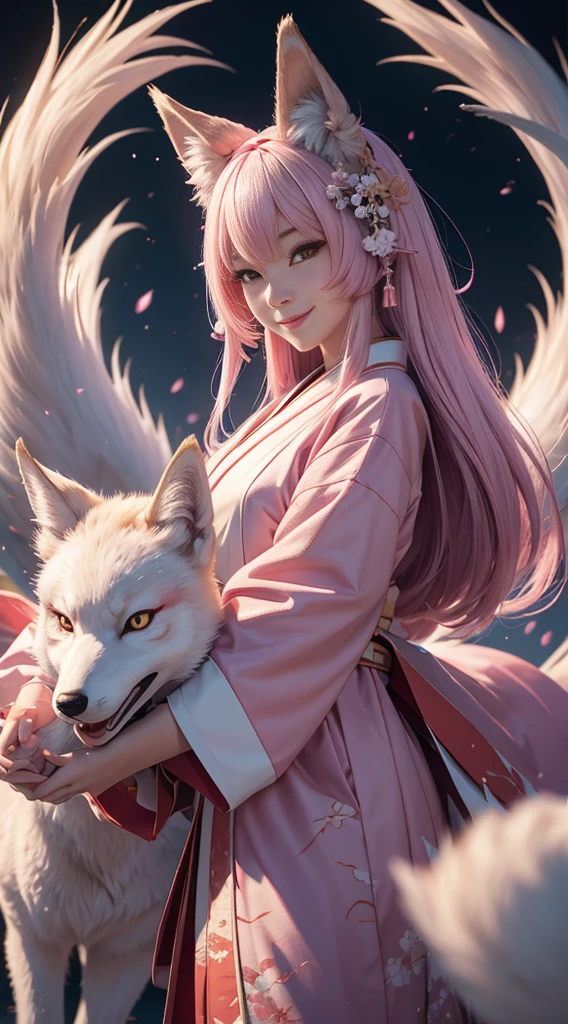 beautiful japanese young woman,Solo, Happy smiling official art, Unity 8k wallpaper, Ultra detailed, Beautiful and aesthetic, Beautiful, Masterpiece, Best quality, Kitsune witch, kitsune mask, Pink and white haori jacket, Foxfire spell, The fox is familiar, Transformation,Depth of field,