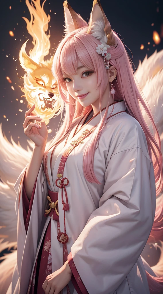 beautiful japanese young woman,Solo, Happy smiling official art, Unity 8k wallpaper, Ultra detailed, Beautiful and aesthetic, Beautiful, Masterpiece, Best quality, Kitsune witch, kitsune mask, Pink and white haori jacket, Foxfire spell, The fox is familiar, Transformation,Depth of field,