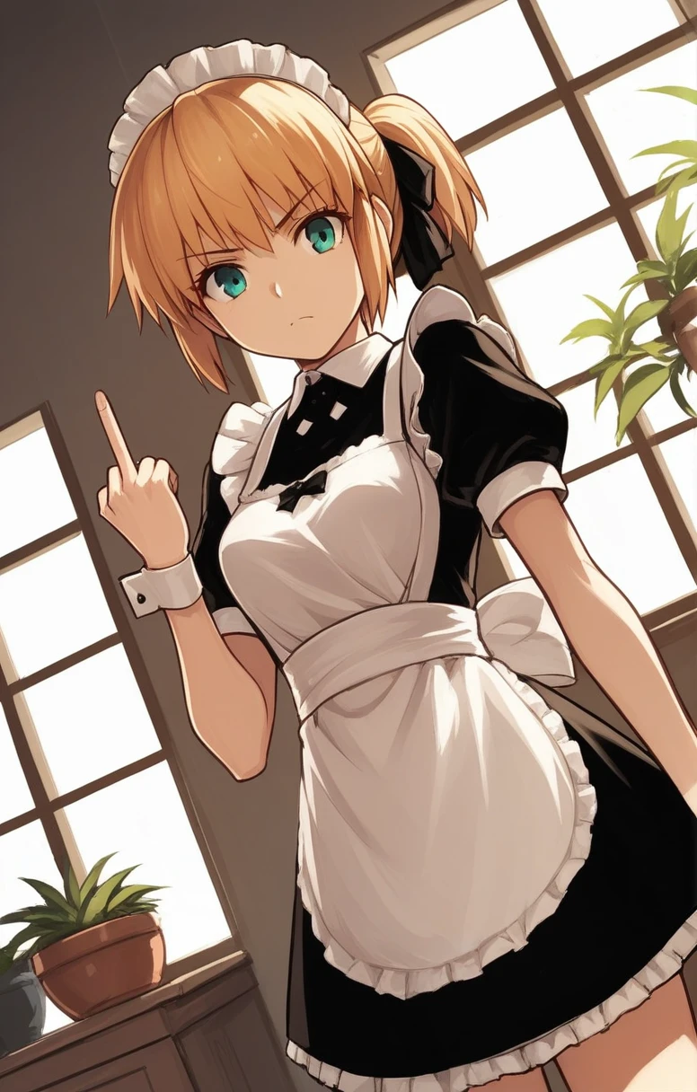 score_9, score_8_consolation, score_7_consolation, score_6_consolation, score_5_consolation, score_4_consolation, BREAK Source_japanese cartoon movies, 1 woman, Dressed up, saber change, inside, pot, window, sunlight, by kasumi \(sketzko\), looking at viewer, Serious, dutch angle, maid uniform, give, double middle finger,