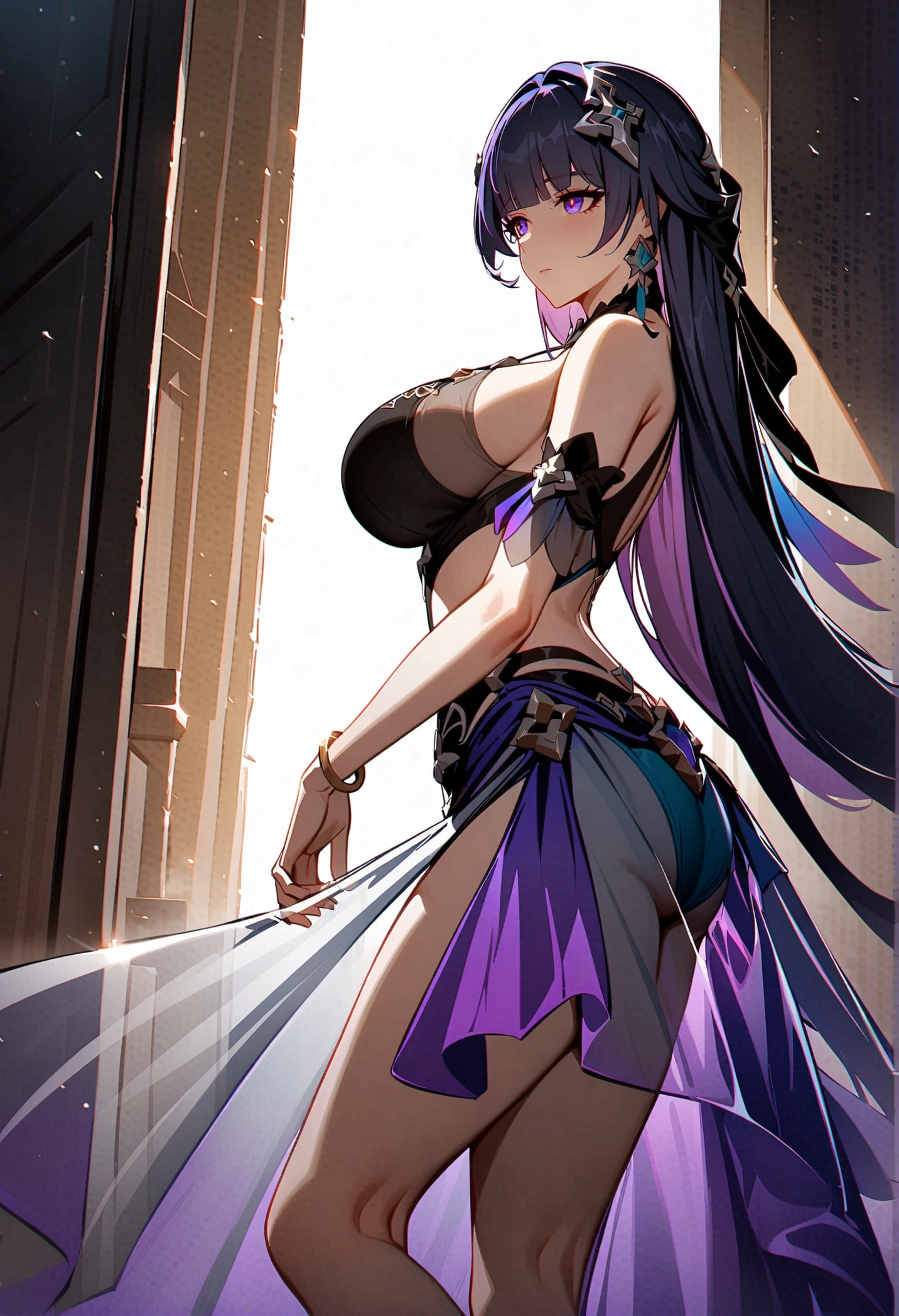 tmasterpiece,Best quality,extremely detaild CG unified 8k wallpapers, tmasterpiece, Best quality, CG, optics ,Raiden Mei (((Honkai Impact 3rd))),detail processing,((Purple pupil)),headgear, Purple long straight hair,((,,A mature woman)),Huge breast,Intimacies,eventide,Clear face,face expressionless,bangle,((dancer/ sarong)), 