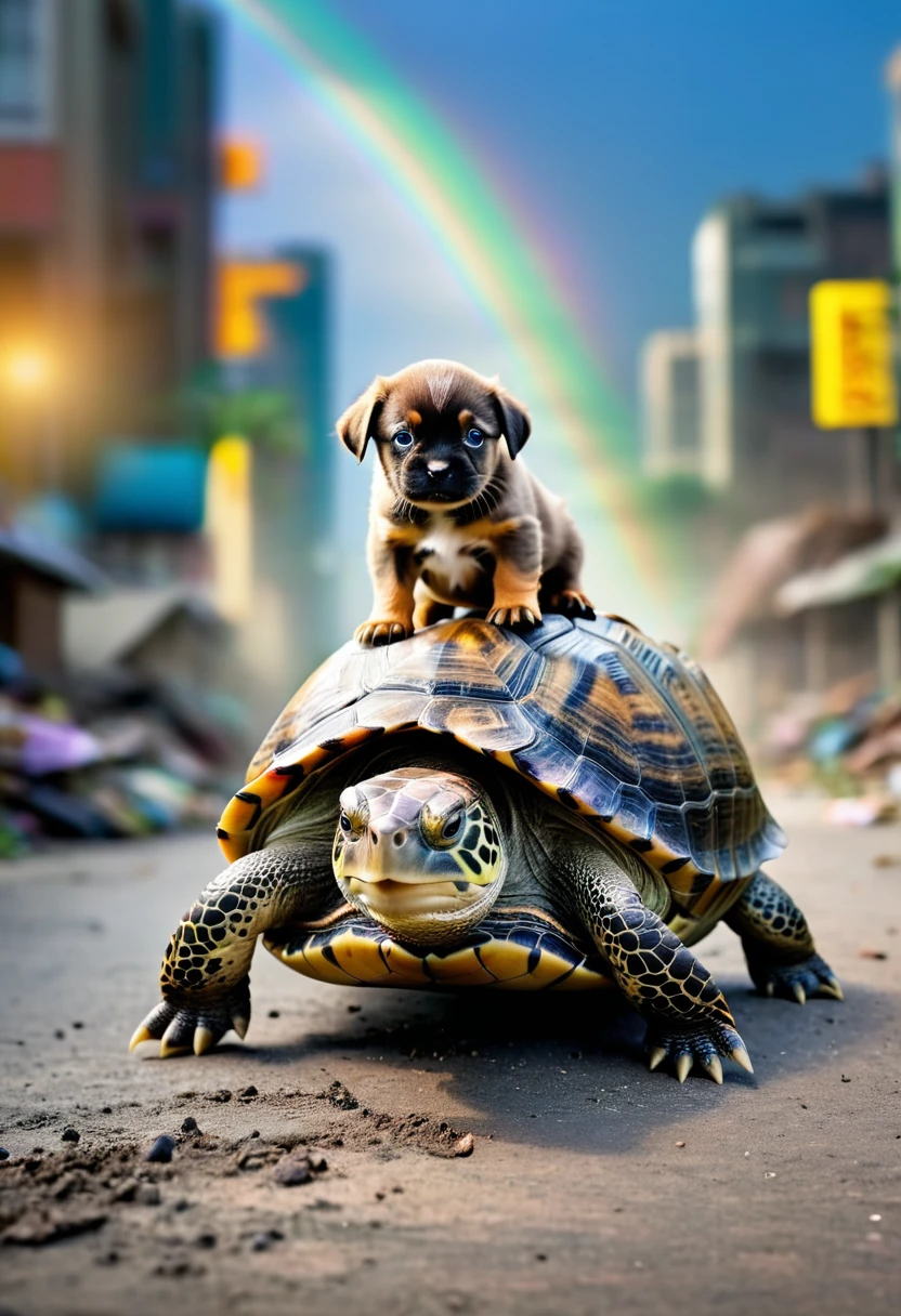 A puppy sitting on the back of a walking turtle, 3d action artist name battle blur blurred background blurred foreground bokeh bokeh city debris depth of field deviantart username energy explosion focus glow looking at viewer monster motion blur nobody open mouth perspective photo \(Moderate\) Photo background photorealistic rainbow reality, Movie, Stills, Shot in the style of a Sony Alpha A7 III camera