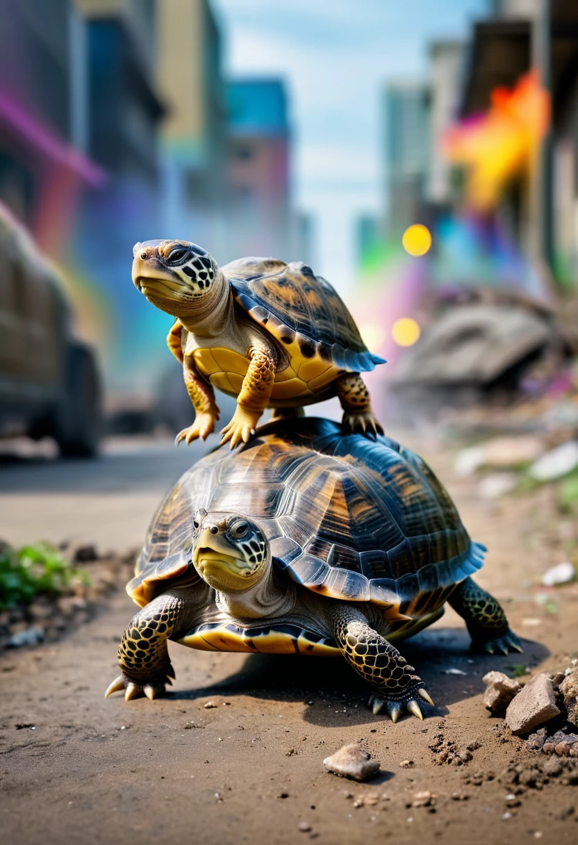 A puppy sitting on the back of a walking turtle, 3d action artist name battle blur blurred background blurred foreground bokeh bokeh city debris depth of field deviantart username energy explosion focus glow looking at viewer monster motion blur nobody open mouth perspective photo \(Moderate\) Photo background photorealistic rainbow reality, Movie, Stills, Shot in the style of a Sony Alpha A7 III camera