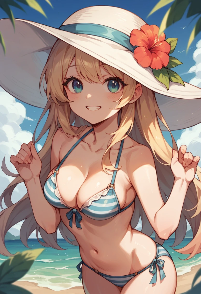 cute girl on a beach wearing cute bikini and sunhat smiling at you