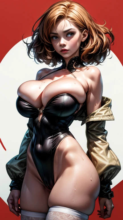1girl, cowboy shot, short red curly hair, ((massive saggy breasts)) (white leotard:1.2) (cameltoe:1.4) (wet clothes) blush ((((sweat)))) (white socks:1.2), (pure red background:1.5) romanticism, by james jean, roby dwi antono, ross tran, francis bacon, michal mraz, adrian ghenie, petra cortright, gerhard richter, takato yamamoto, ashley wood, atmospheric, official art, unity 8k wallpaper, ultra detailed, beautiful and aesthetic, masterpiece, best quality,