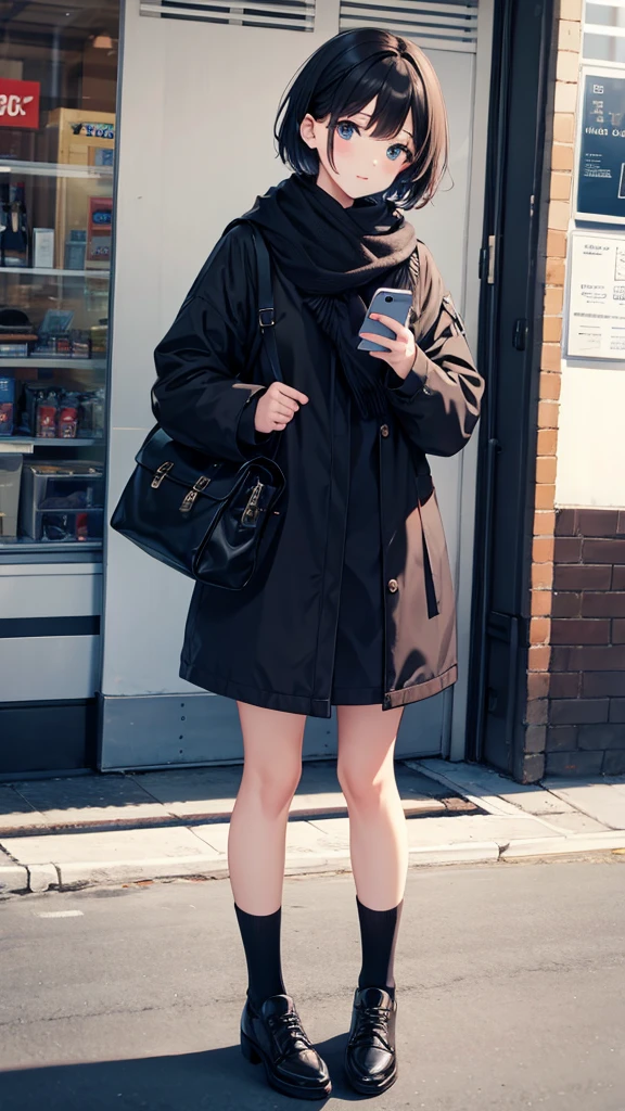 Winter clothes、Date Clothes、girl、One person、Short Hair、Black Hair、Are standing、((whole body))、Check your phone with one hand