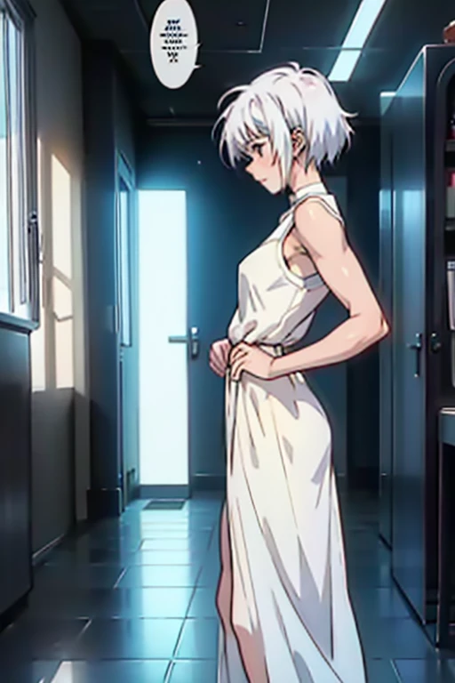 Girl with short white hair small and really skinny, dancing weakly, manga page with panels and dialogue