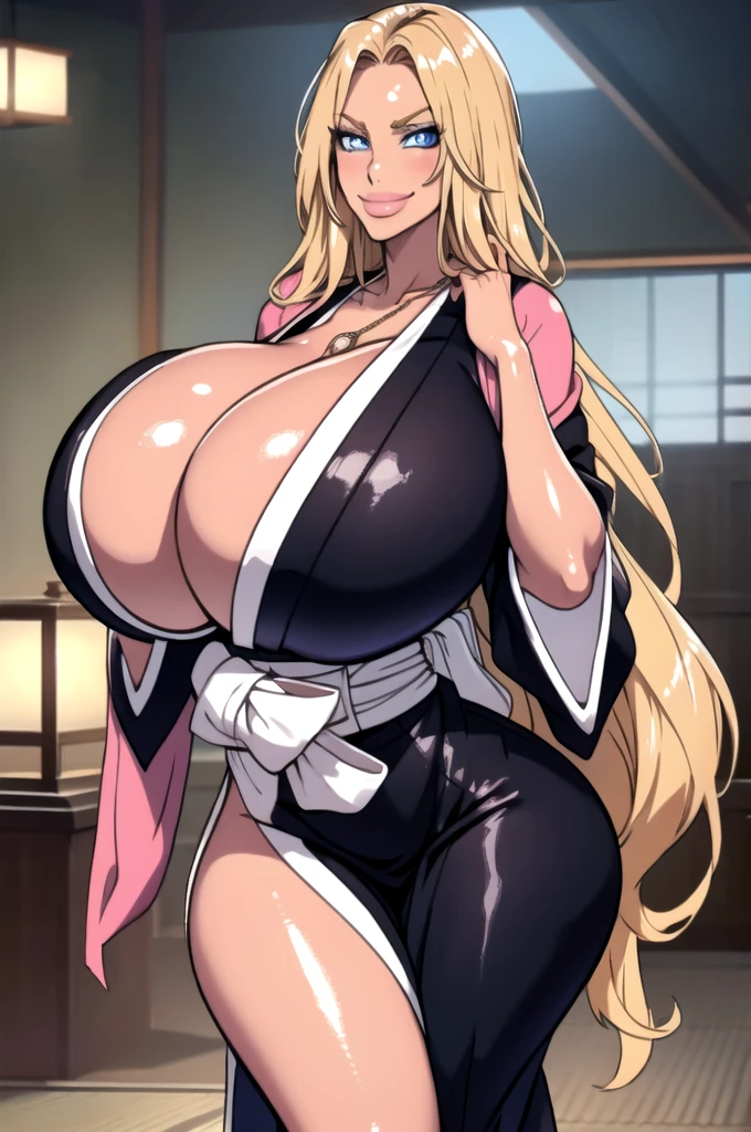masterpiece, best quality, matsumoto rangiku, beautiful lighting, long hair, black kimono, , necklace, sash, gigantic breasts,ng, looking at viewer, blue eyes, furrowed brow, smile, japanese architecture, cowboy shot, shiny skin, gigantic breasts, curvy,ive smile