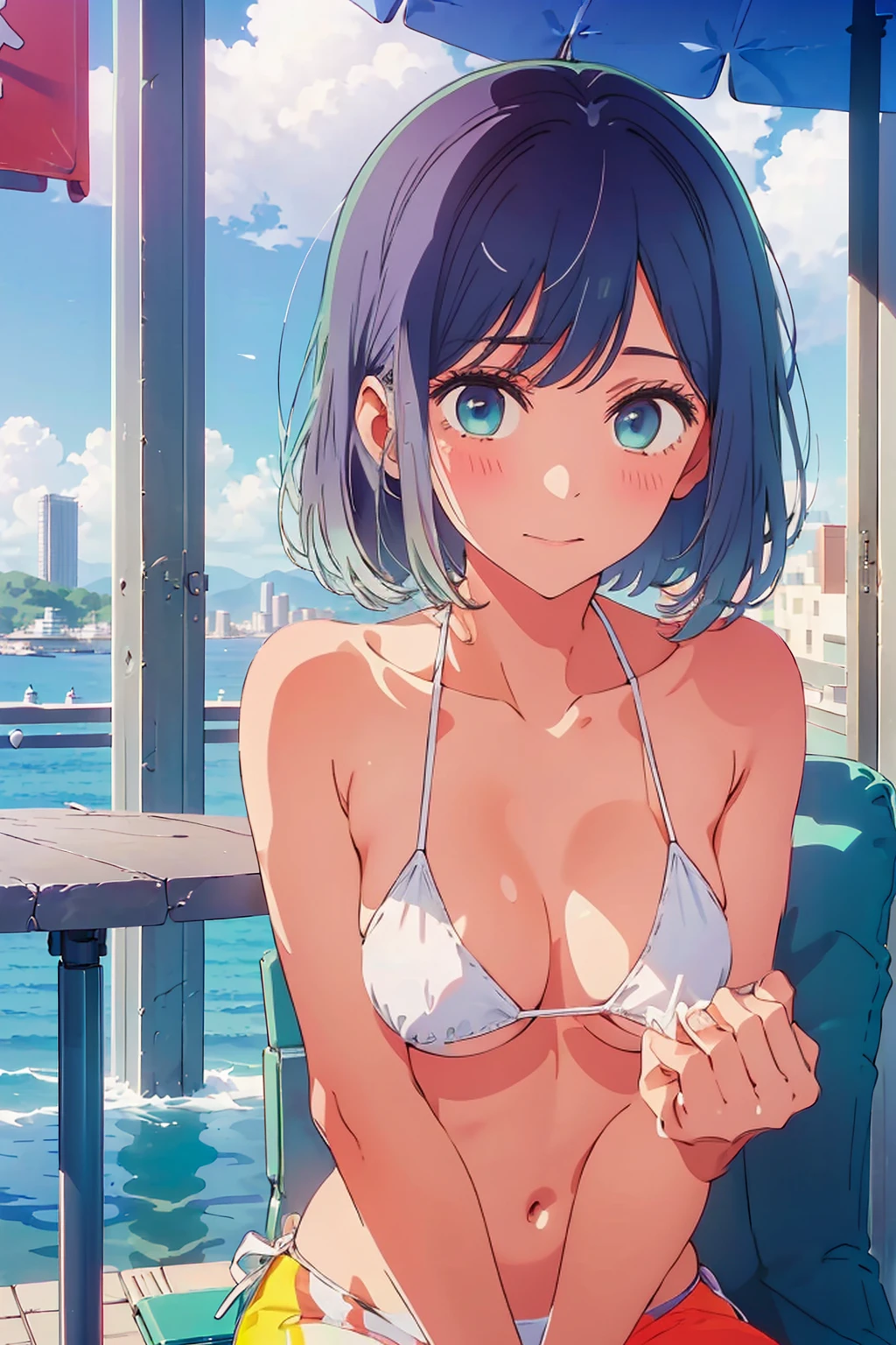 (Highest quality:1.4、8K:1.4、detailed)、F cup bust、Big Breasts、Slim body、Very white beautiful skin、((((1 person、Surprised expression、sit、Chair、In the background are the urban buildings of Tokyo、looking at the camera、Outdoor café terrace、coastal、Navy hair color、juice、Shooting up close、table、Very cute face))))、(((( in white bikini))))、(Pose of putting hair behind ears with hands:1.4)、Very blue sky、A completely cloudless sky