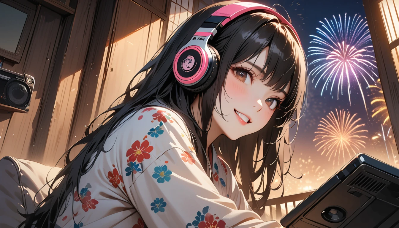 ((8k of extremely detailed CG unit, Masterpiece, high resolution, highest quality, highest quality real texture skin)), (((Fireworks from a large window))), (((Japanese patterned pajamas))), (((Japanese style headphones))), (((Smiling and watching the fireworks))), ((1 girl)), (Black hair, messy hair, beige skin), (surreal, digital painting), (((Warm lighting))), (((Boombox))), (((laptop)))