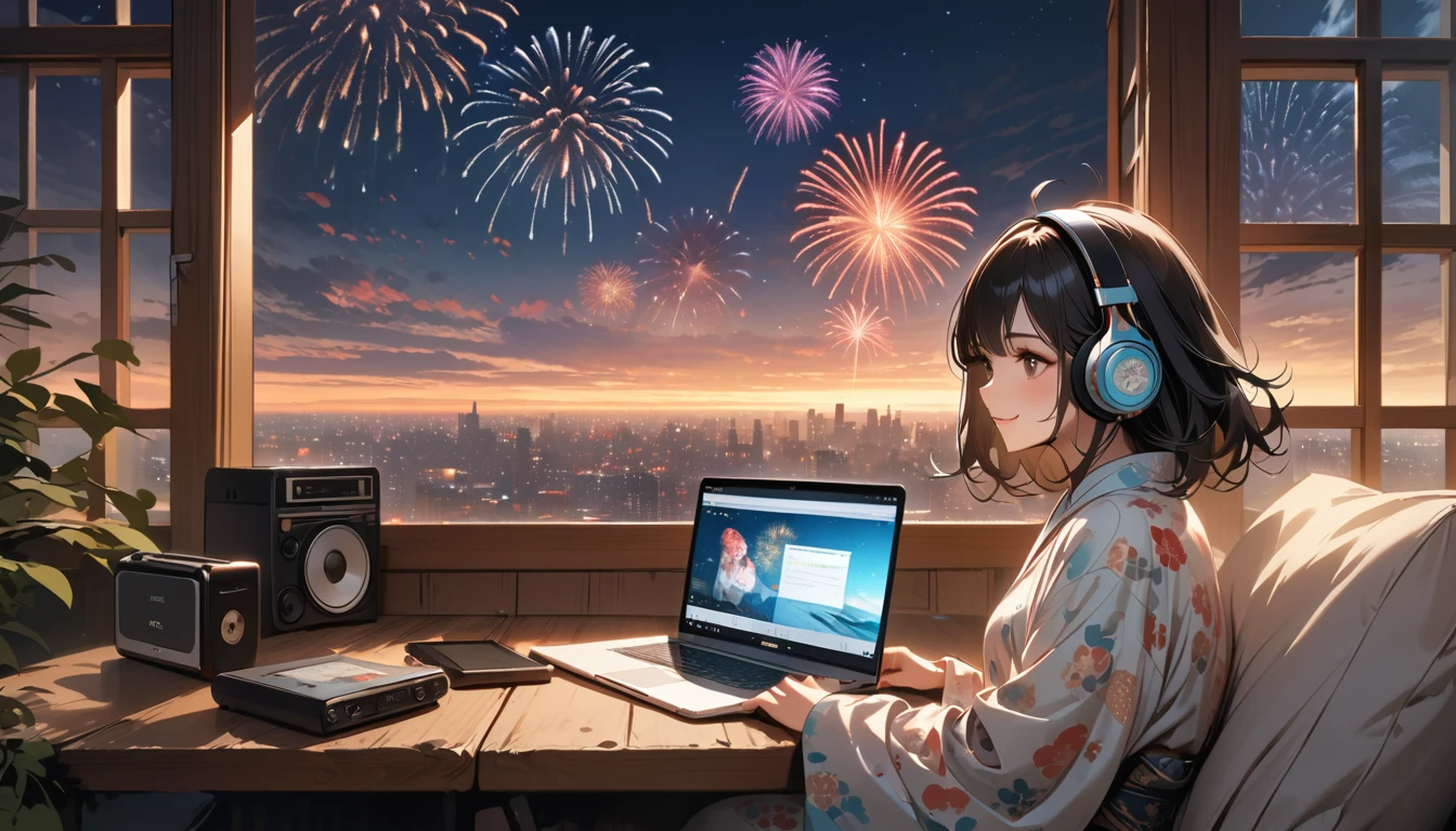 ((8k of extremely detailed CG unit, Masterpiece, high resolution, highest quality, highest quality real texture skin)), (((Fireworks from a large window))), (((Japanese patterned pajamas))), (((Japanese style headphones))), (((Smiling and watching the fireworks))), ((1 girl)), (Black hair, messy hair, beige skin), (surreal, digital painting), (((Warm lighting))), (((Boombox))), (((laptop)))