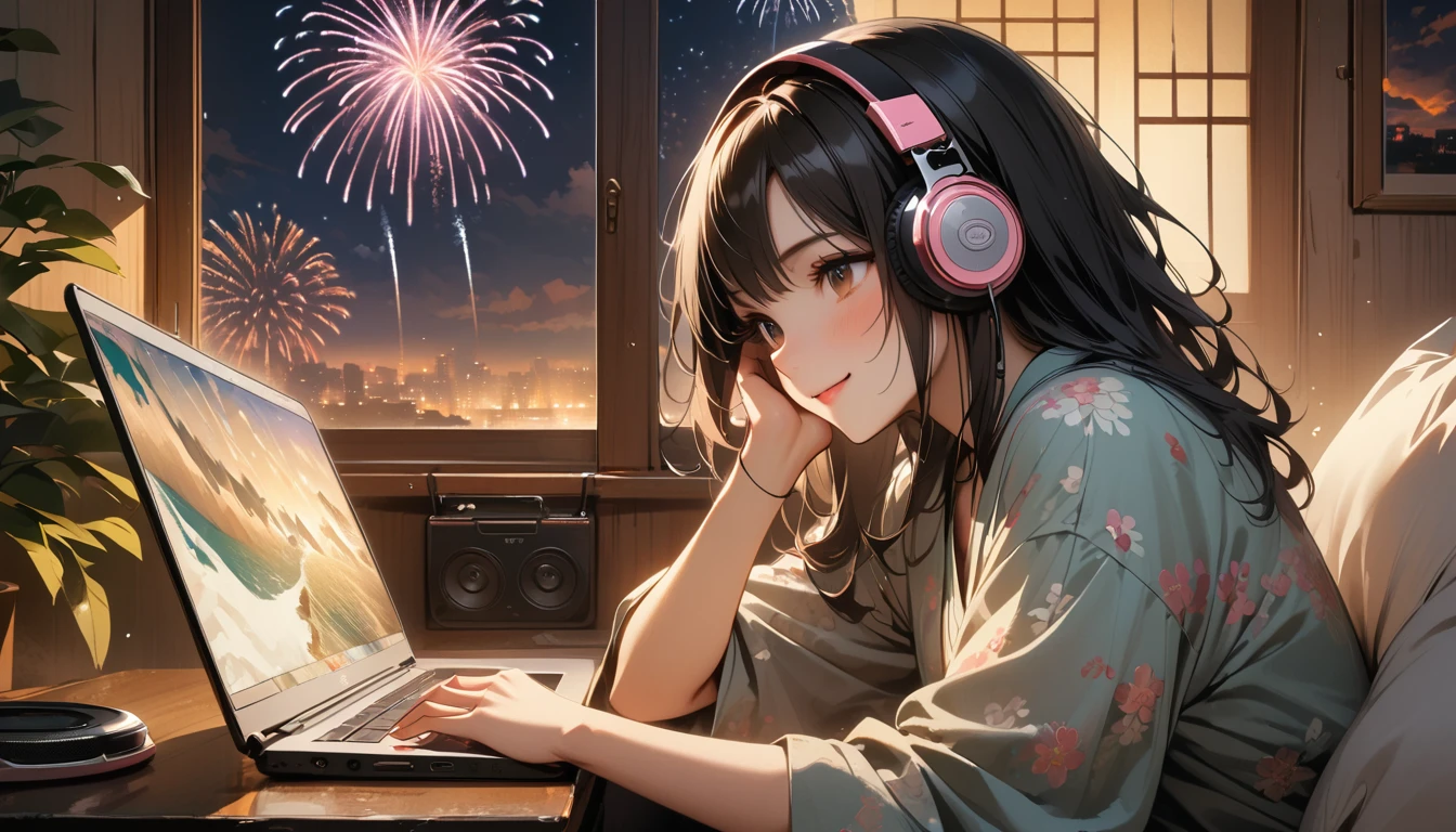 ((8k of extremely detailed CG unit, Masterpiece, high resolution, highest quality, highest quality real texture skin)), (((Fireworks from a large window))), (((Japanese patterned pajamas))), (((Japanese style headphones))), (((Smiling and watching the fireworks))), ((1 girl)), (Black hair, messy hair, beige skin), (surreal, digital painting), (((Warm lighting))), (((Boombox))), (((laptop)))
