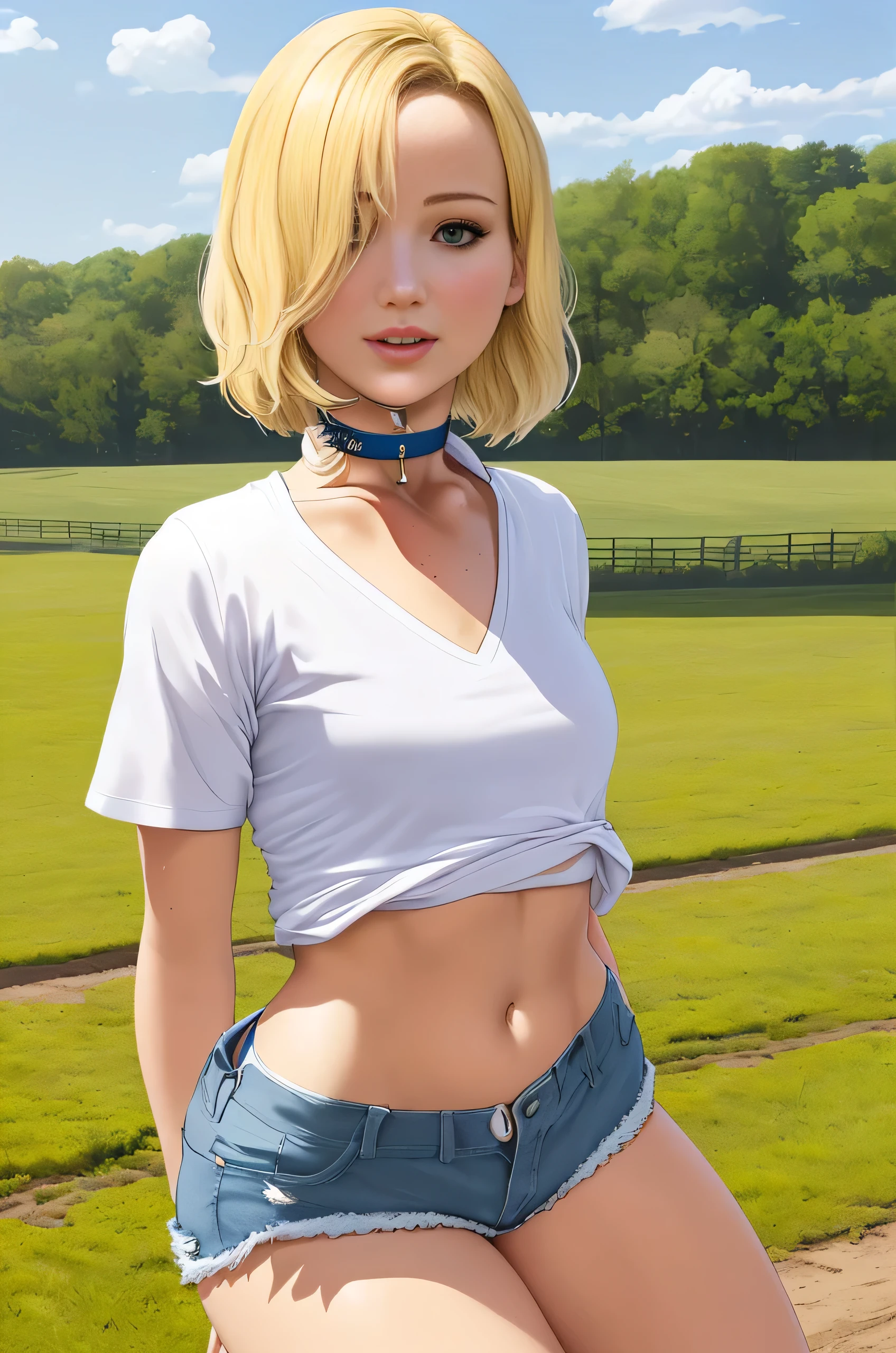 Jennifer Lawrence, (Jennifer Lawrence:1.5), (masterpiece quality, (masterpiece quality:1.3), realistic, (realistic:1.3), 1girl, (1girl:1.9), solo, (solo:1.9), on a farm, barn in background, sunny day, blonde hair, (blonde hair:1.5), shoulder-lengeth hair, (shoulder-length hair:1.5), wearing a white shirt, (white shirt:1.5), wearing blue Jean shorts, (blue Jean shorts panties:1.5), wearing choker collar, (choker collar:1.5), midriff, (midriff:1.5), sexy pose, 