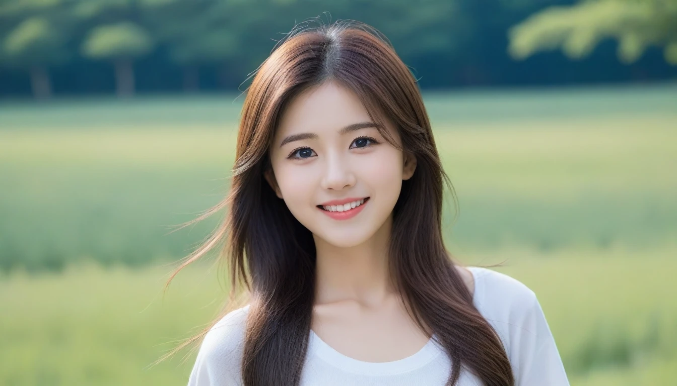 8K, Ultra-high resolution, Highest quality, masterpiece, 三分割法によるphotograph,Surreal, photograph, 1 girl, (16 years old:1.3), pretty girl, Cute face, Beautiful eyes in every detail, 細かくdetailedに,masterpiece,, One Girl:1.2, Japan Female Announcer,whole body,Young Wife,Girl with her back to the camera, Blue atmosphere dusk, Field, forest、Full of cleanliness,A carefree smile,Healing the heart,Semi-long layered hair,Looking at the audience、beauty,Long neck、Laugh a little、Please close your mouth and laugh、(((Ideal body type))),A-cup small breasts :2,、Portraiture:2、Perfect Anatomy、鮮明なdetailed、detailed、Surreal、Light and shadow,Strong light