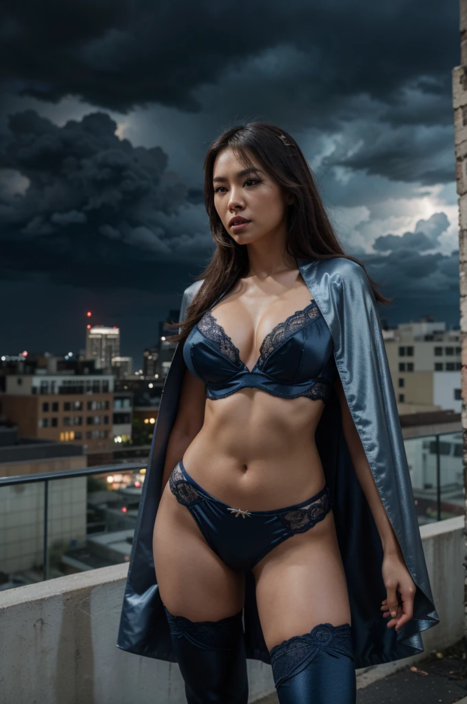 “Generate an HD Ultra Realistic 8K image of Young Attractive Asian Woman Sophie Tan as a sexy action woman inspired by a superhero. She is wearing a blue and silver lace  set with a cape flowing behind her, styled to resemble a classic superhero costume. Sophie is standing in a powerful stance on a rooftop, with storm clouds and lightning in the background. Use a cinematic camera with a 35mm lens to capture the intricate lace details and the dynamic pose (1.3). The stormy background should be softly blurred, with bokeh effects enhancing Sophie’s heroic presence (1.2). Post-production should enhance the lightning effects and add a slight motion blur to create a dramatic, powerful look (1.4).”
