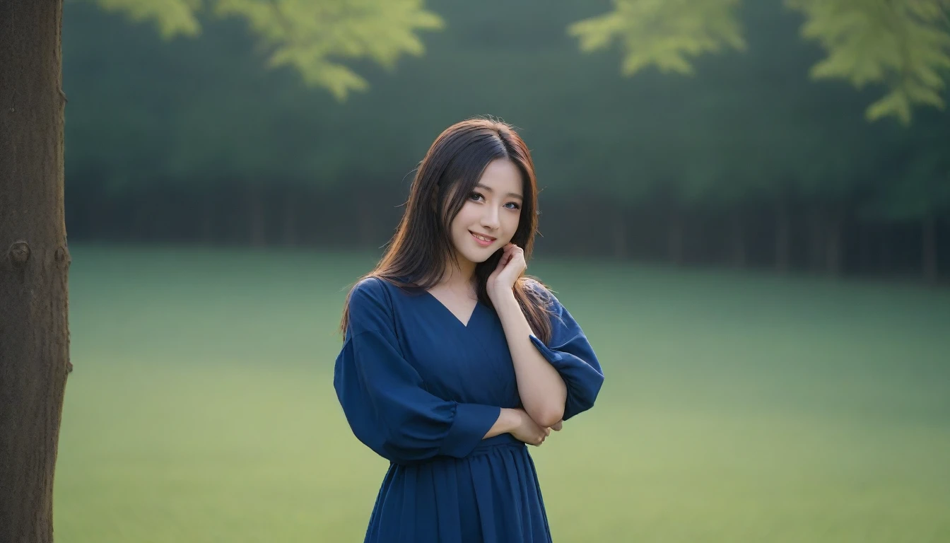 8K, Ultra-high resolution, Highest quality, masterpiece, 三分割法によるphotograph,Surreal, photograph, 1 girl, (16 years old:1.3), pretty girl, Cute face, Beautiful eyes in every detail, 細かくdetailedに,masterpiece,, One Girl:1.2, Japan Female Announcer,whole body,Young Wife,Girl with her back to the camera, Blue atmosphere dusk, Field, forest、Full of cleanliness,A carefree smile,Healing the heart,Semi-long layered hair,Looking at the audience、beauty,Long neck、Laugh a little、Please close your mouth and laugh、(((Ideal body type))),A-cup small ??????? :2,、Portraiture:2、Perfect ???????、鮮明なdetailed、detailed、Surreal、Light and shadow,Strong light